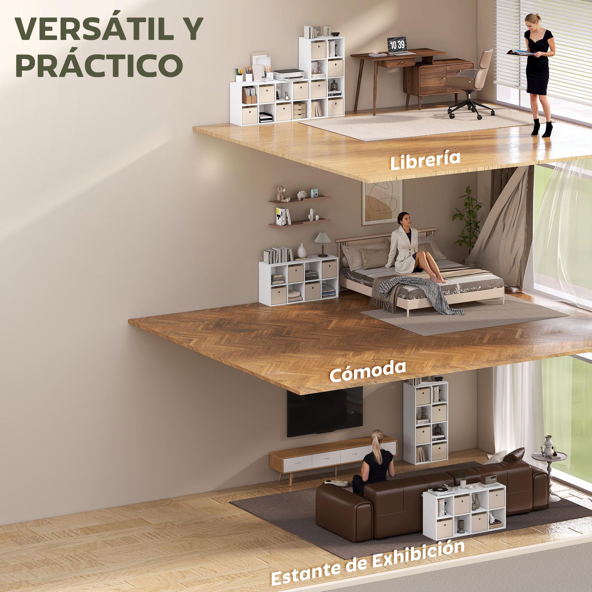 HOMCOM Estantería de 8 Cubos 4 Cajones Tela 105,9x30x53,7 cm Blanco y Beige | Librería, Estantería para Libros, Horizontal o Vertical, para Salón, Dormitorio, Estudio