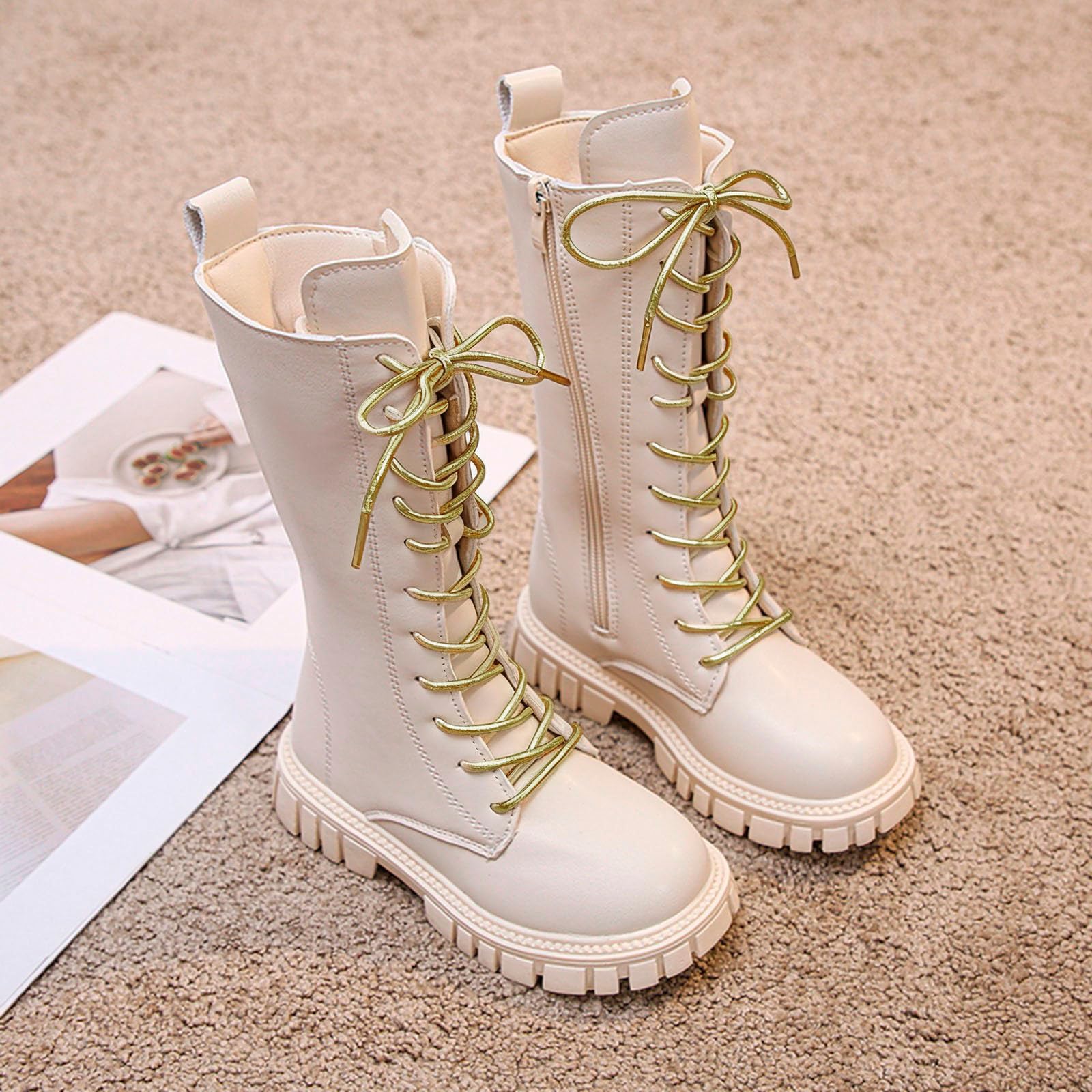 Bottes Et Bottines Enfant Fille, Botte Blanche Cowboy Enfant Chaussures Montantes Cuir Éclair Latérale Avec Lacets Semelle Caoutchouc Antidérapante Bout Rond Pour École Loisirs Quotidien Automne