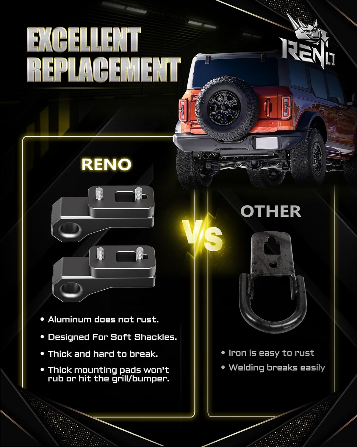 RENO Bronco Rear Tow Hooks, Tow Point Hooks Fits Soft Shackles Towing Recovery Compatible with 2021-2024 Bronco, Replace OEM M-18954-BTHR (Aluminum, Black, Set of 2)