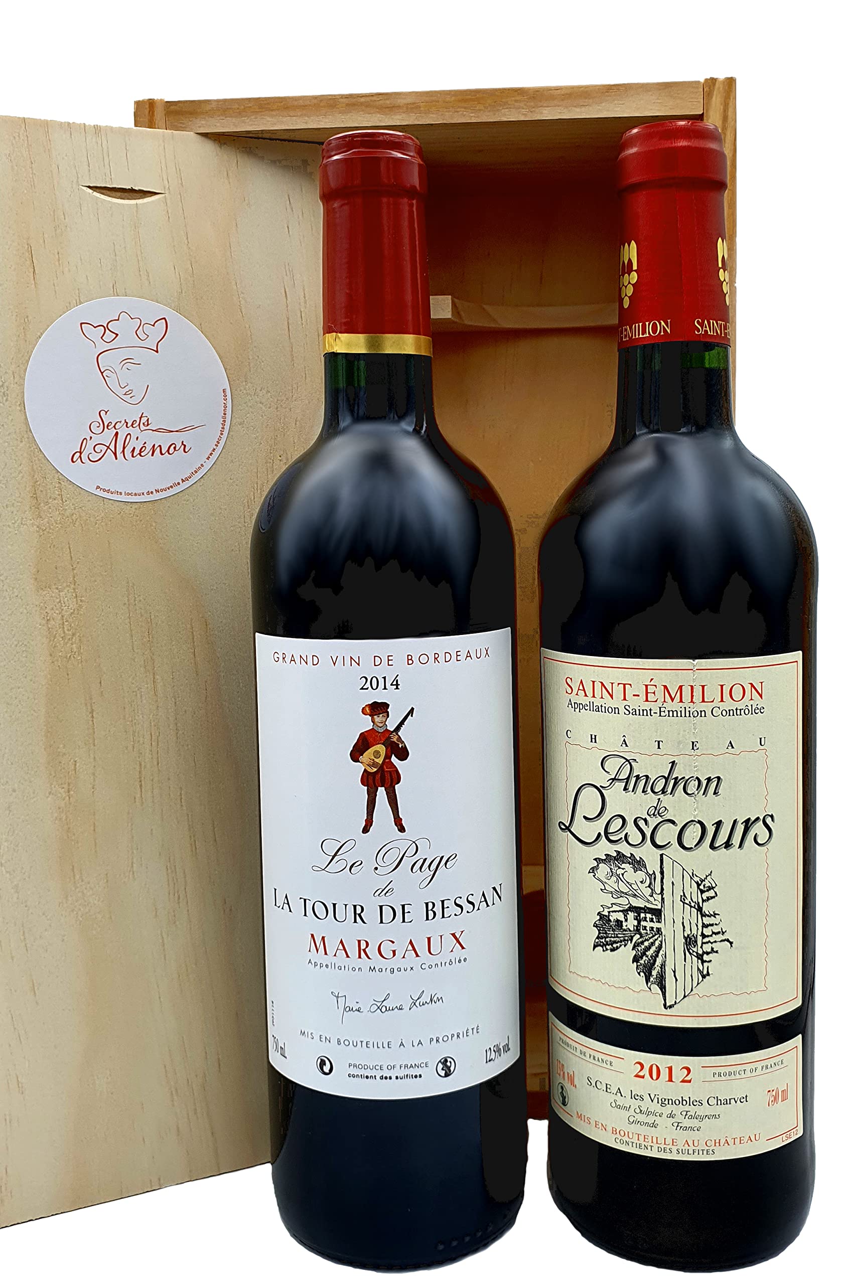 Coffret bois cadeau - DUO Prestige Vin Margaux et Saint-Emilion - Grands vins de Bordeaux AOC Margaux millésime 2021 et Saint-Emilion 2019 - bel emballage prêt à offrir