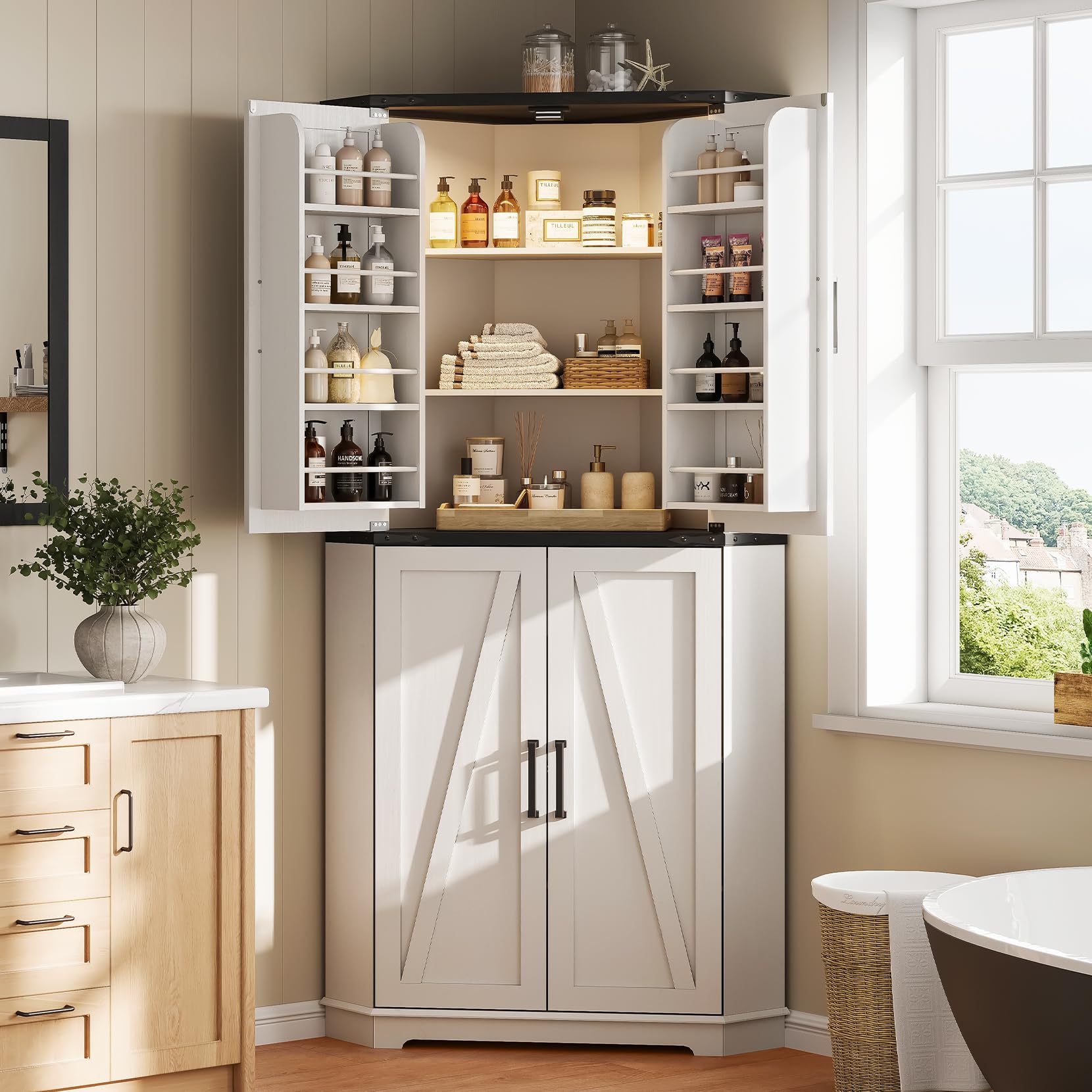 Dripex 71" Corner Cabinet White, Farmhouse Kitchen Pantry Cabinet with Doors Storage &amp; Adjustable Shelves, Tall Corner Storage Cabinet with LED Light, Food Pantry for Living Room, Dining Room
