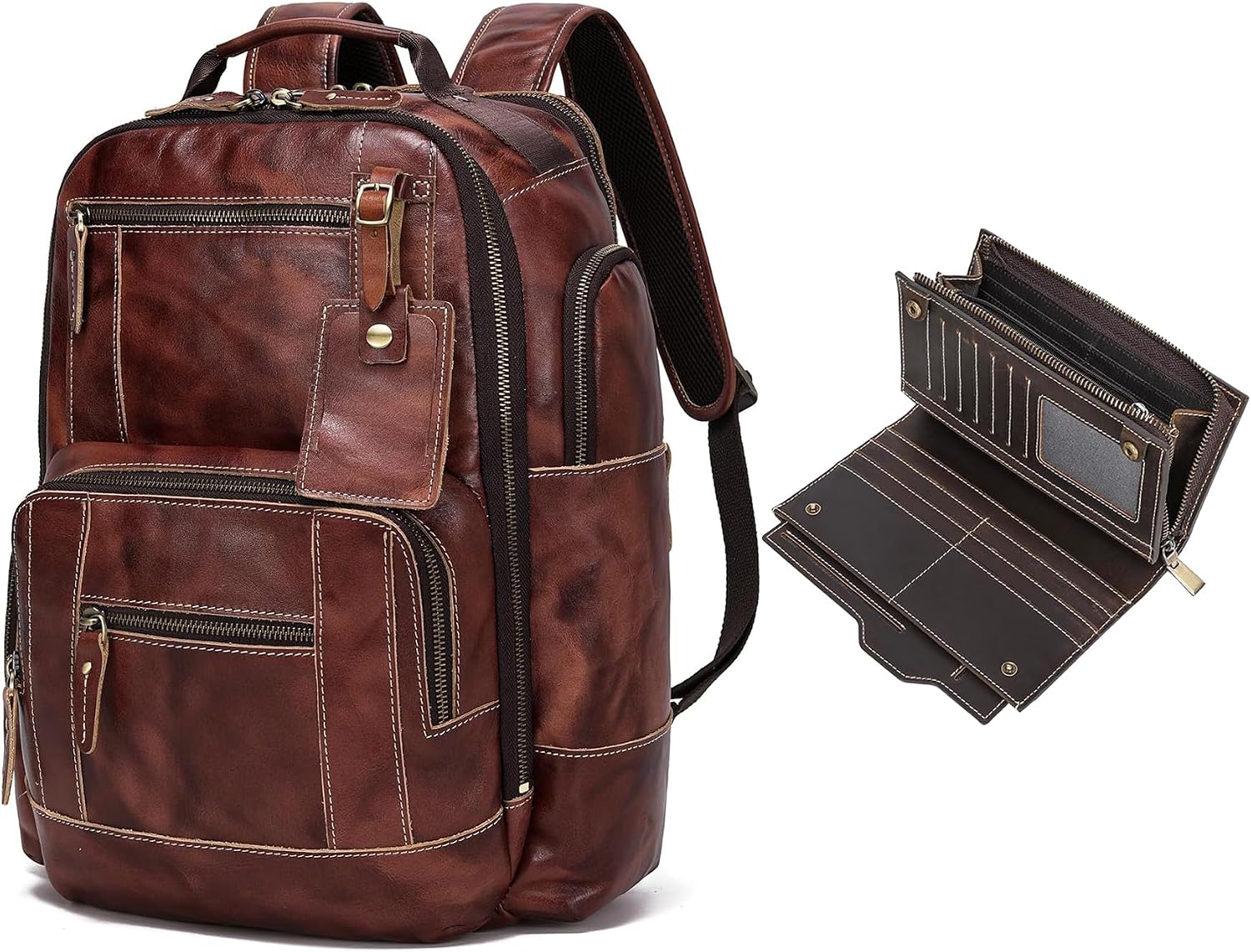 LANNSYNE Full Grain Leather Backpack For Men, Fits 16" Laptop, Coffee & Grain Leather Travel Passport Long Wallet for Men/Women RFID Blocking