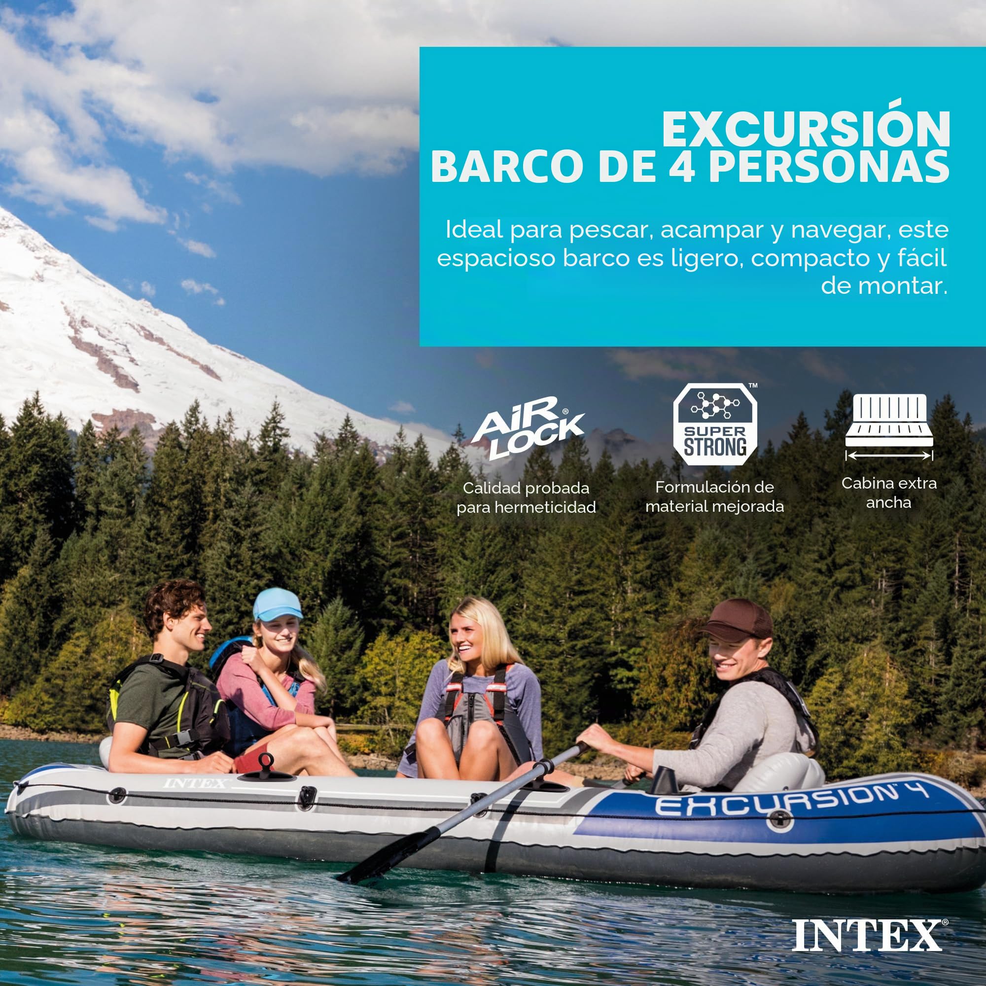 Intex Excursion - Serie de Botes inflables: Incluye remos de Lujo de 54 Pulgadas y Bomba de Alto Rendimiento, PVC superresistente, Asientos Ajustables con Respaldo, Soportes para cañas de Pescar,