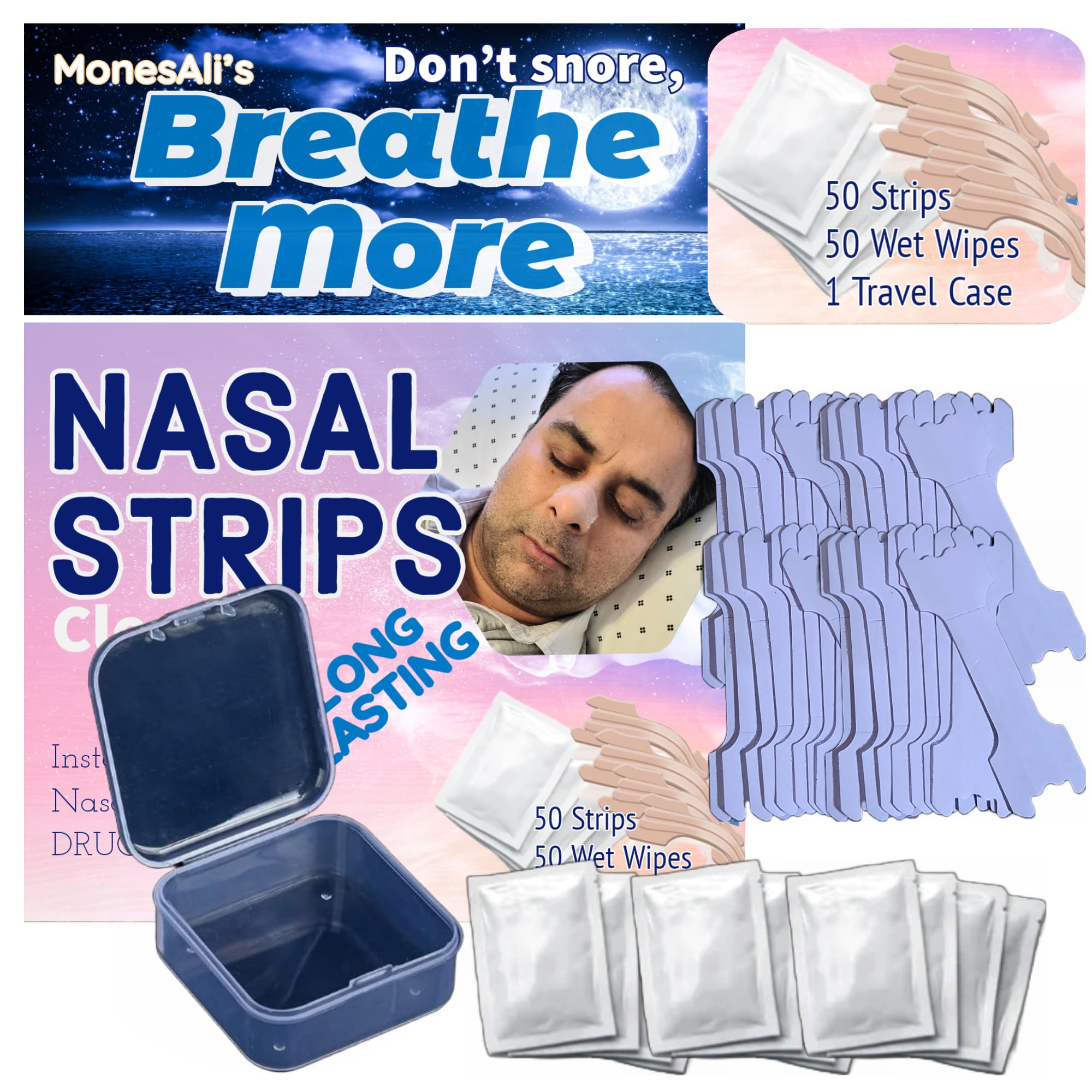 Adult Size Don't Snore, Breathe More, 50 Nasal Strips, 50 Wipes & Case, Nose Strips, Nasal Strips for Snoring, Nose Strips for Breathing, Anti Snoring Devices, Snore Stopper, Nose Strips for Sleep