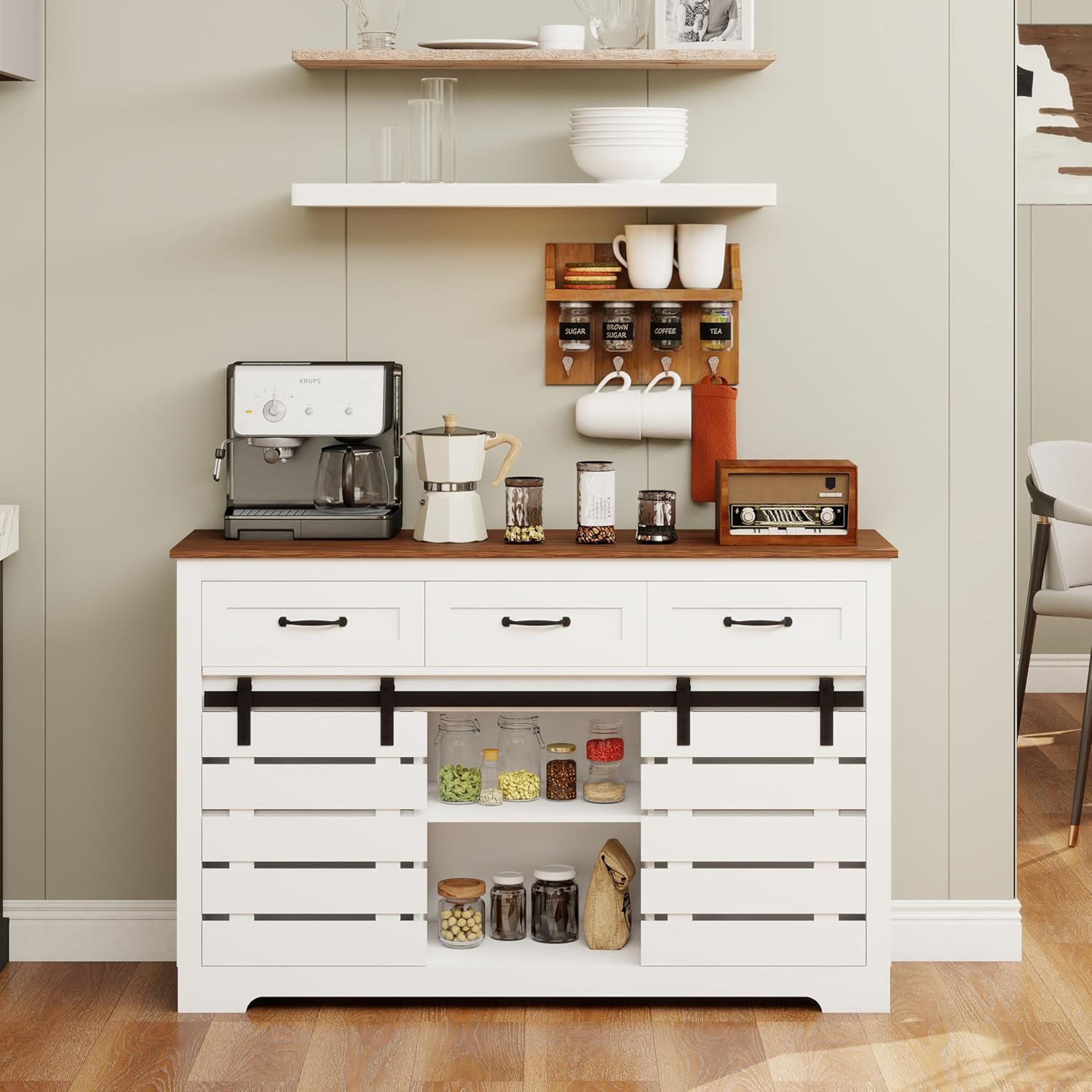 53" Farmhouse Buffet Cabinet with 3 Drawers, Sideboard Storage Cabinet with 2 Sliding Barn Doors, 2 Adjustable Shelves, Coffee Bar Cabinet for Kitchen, Living Room