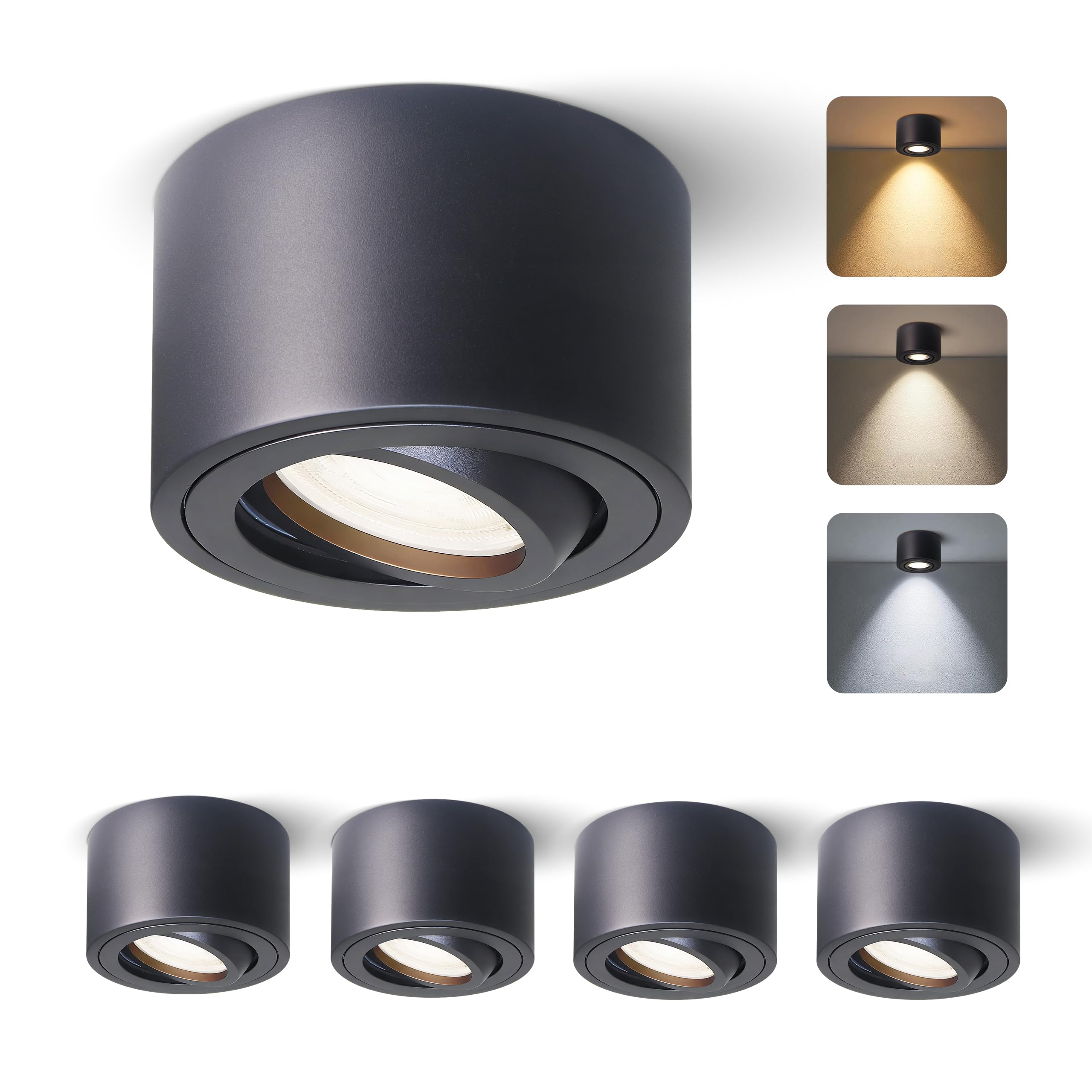 Spots LED Orientables 30° 5W 520LM 3 Couleurs IP65 Étanche Plafonnier Salle de Bain 230V IRC90+ Ø80x50mm