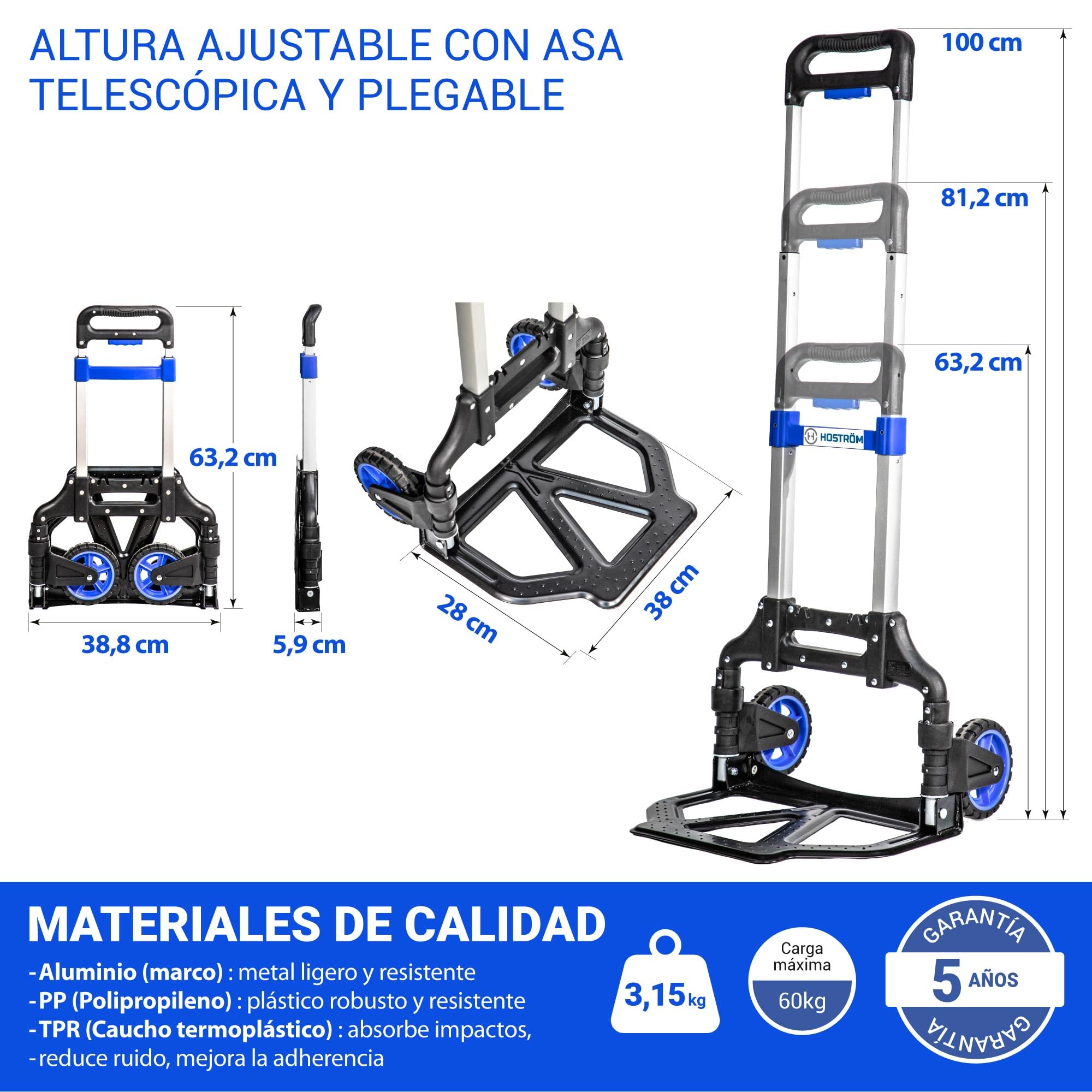 HOSTRÖM Carretilla Plegable de Aluminio de 2 Ruedas para Mover y Transportar Materiales. Compacta y Ligera. Carga máxima: 60 kg. 5 años de garantía.