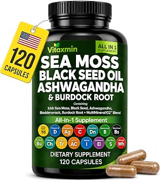 Sea Moss Capsules Irish Sea Moss Supplement with Black Seed Oil, Ashwagandha, Burdock Root, Bladderwrack & Turmeric, Seamoss Pills, Herbal Complex, All-in-One Formula, 120 Capsules