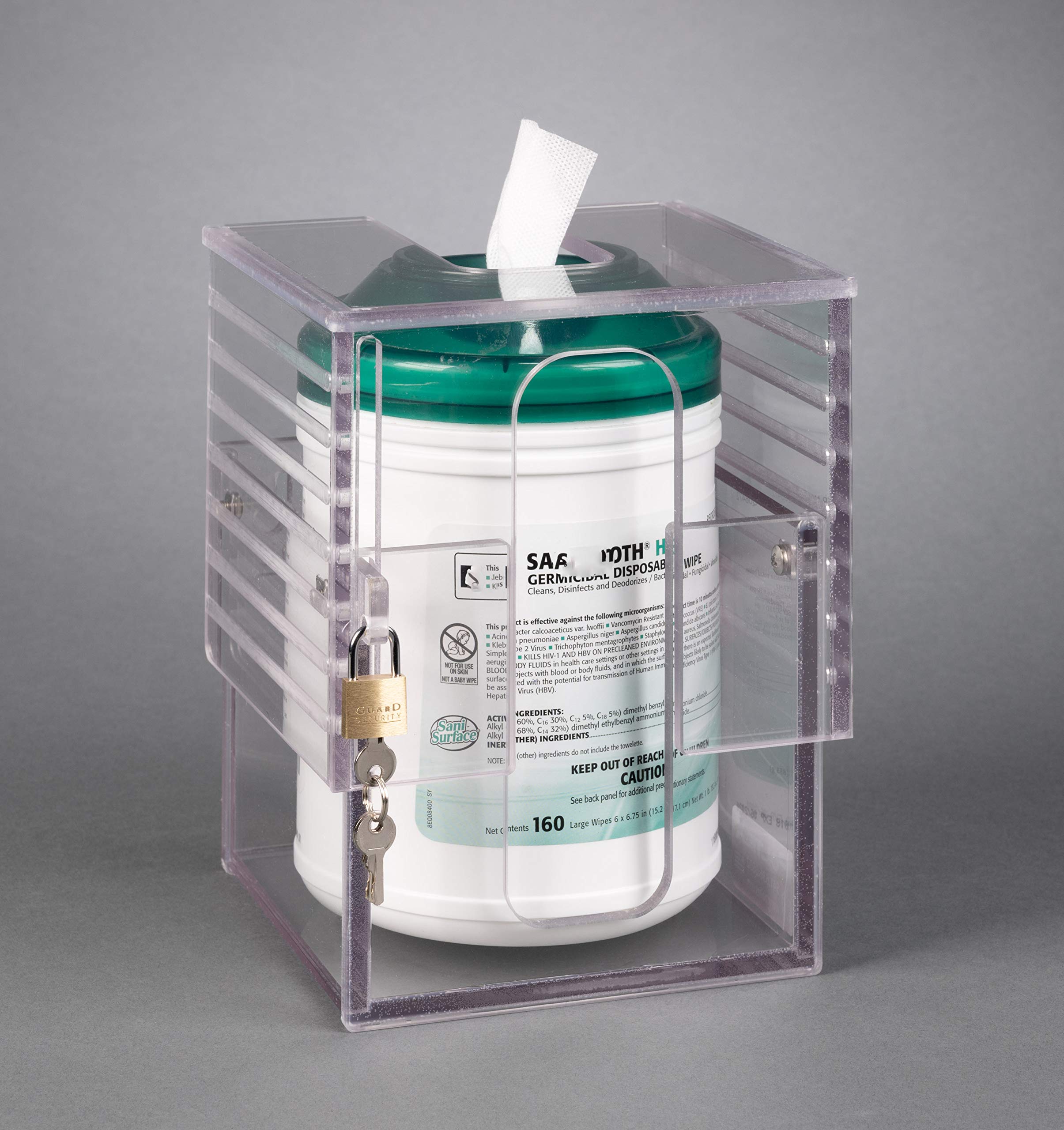 Universal Wipe Cannister Holder-Locking, Adjustable (Padlock, Wall Mount)