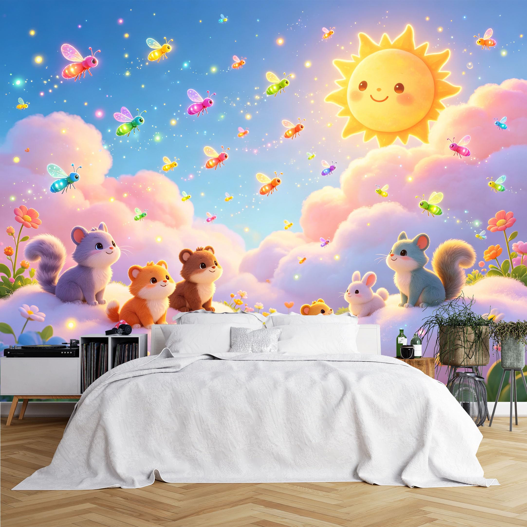 Lcythiazole Ch260615091 Custom Size Wall Murals Cartoon Squirrel Bunny Cloud Sun Firefly Wall Murals Vivid Kids Wallpaper Large Photo Wallpaper Self-Adhesive Removable Wallpaper For Nursery Bedroom