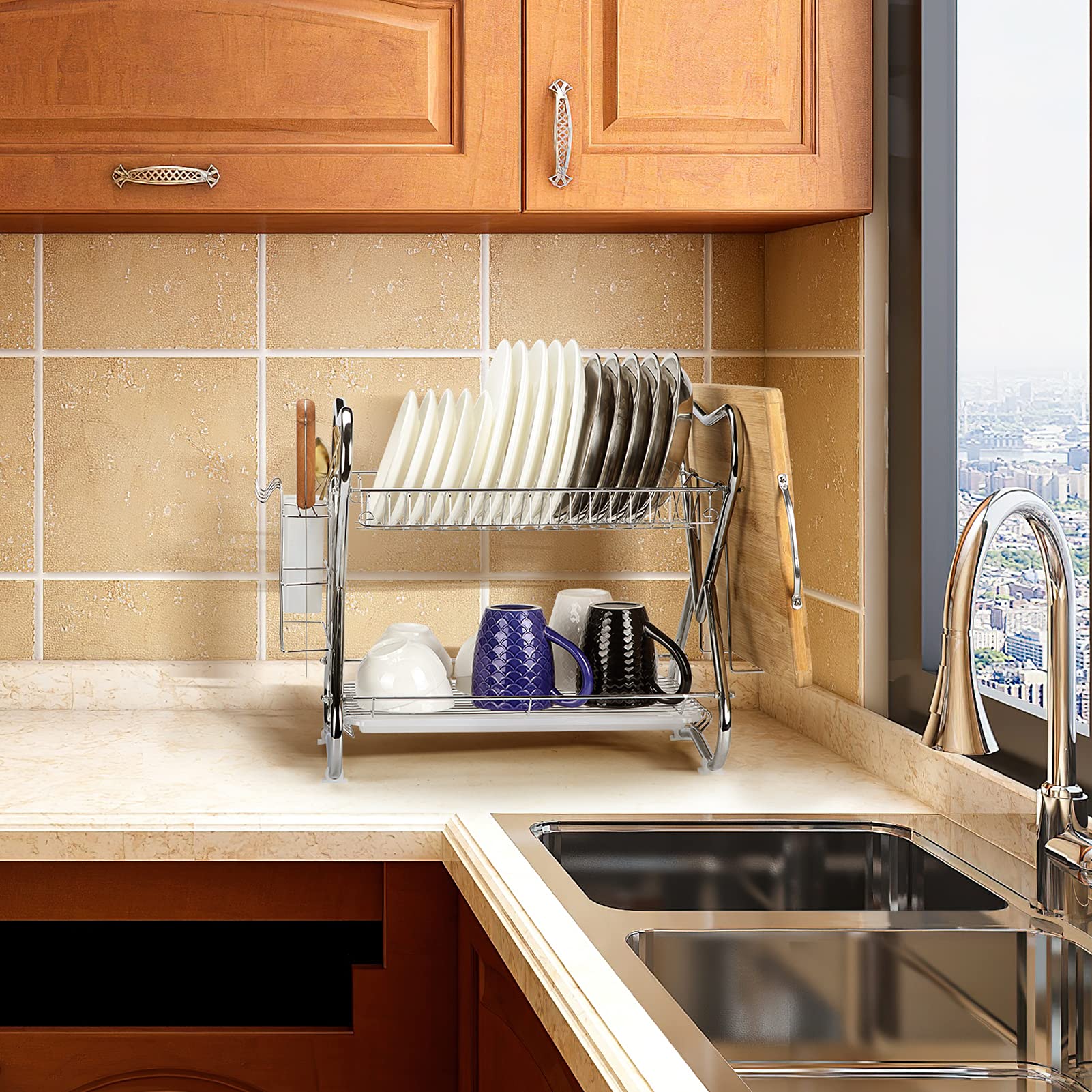 EXYGLO 2 Tier Dish Drying Rack, Dish Drainer for Kitchen Counter