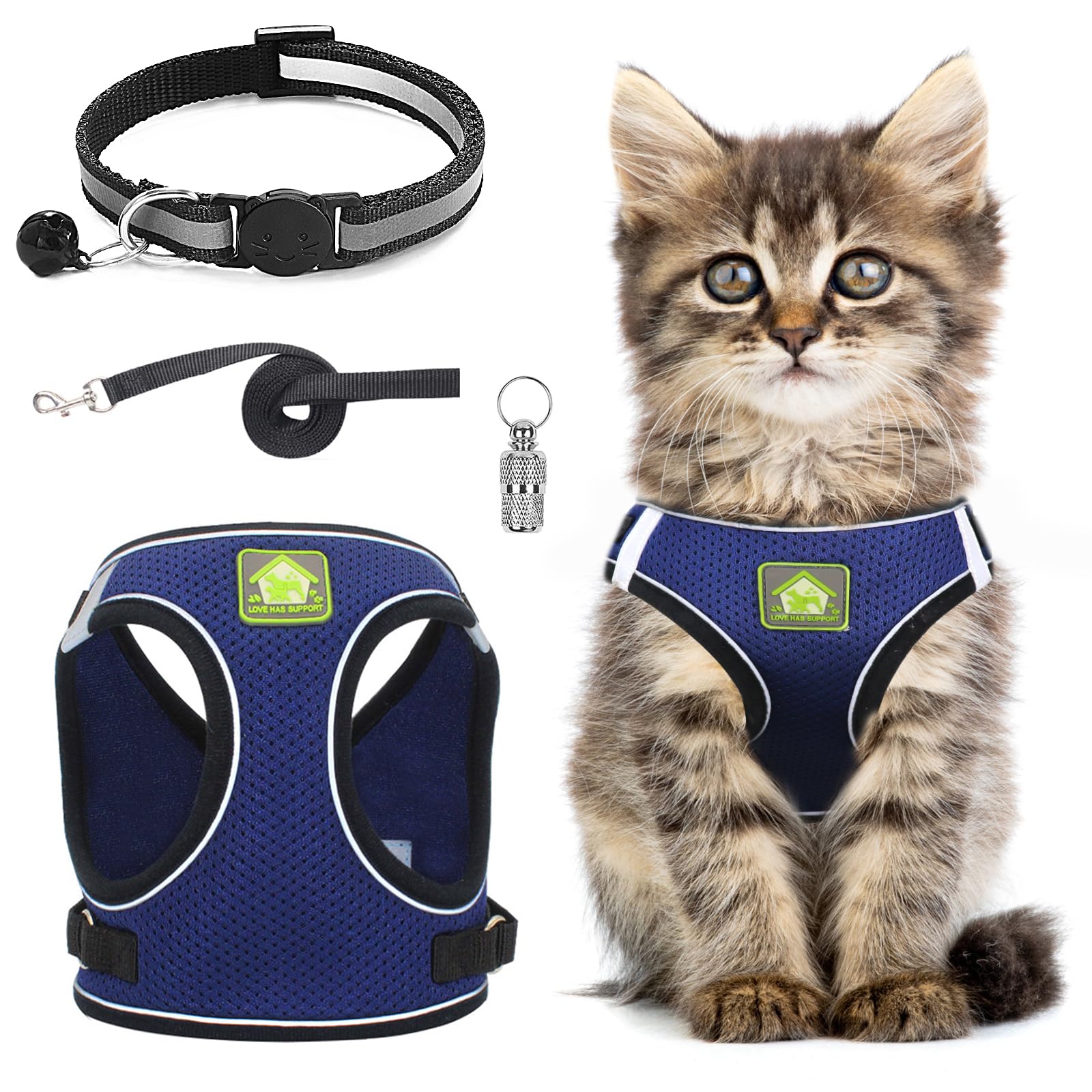 Cat Harness and Lead Set,Adjustable Reflective Stripe Cat Kitten Walking Vest with Leash Cats Collar,Escape Proof Soft Mesh Vest Harness and Lead for Small Medium Cats Pets Walking