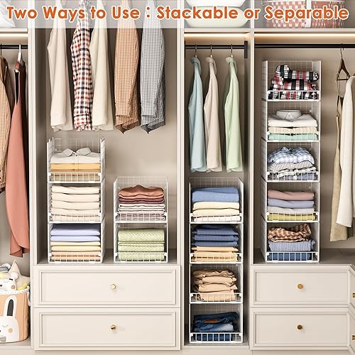 Miniatura 9 de Paquete de 5 organizadores apilables de armario y estantes de almacenamiento, color blanco