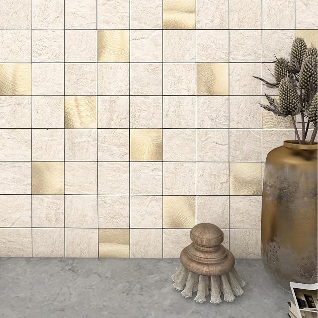 VAOVI Self-Adhesvie Splashback Tiles Square Mosaic,Tile Stickers Kitchen Splashback Bathroom 3D Wall Panels Stick-on-Tiles Heat Resistant Waterproof(Beige,5pcs)