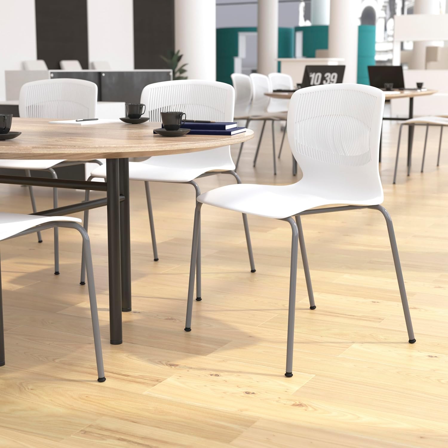 Flash Furniture Hercules Series Set of 5 Commercial Stack Chair - Roomy Wide 770 lb. Capacity - Lumbar Support - Durable Plastic - Silver Steel Frame - White