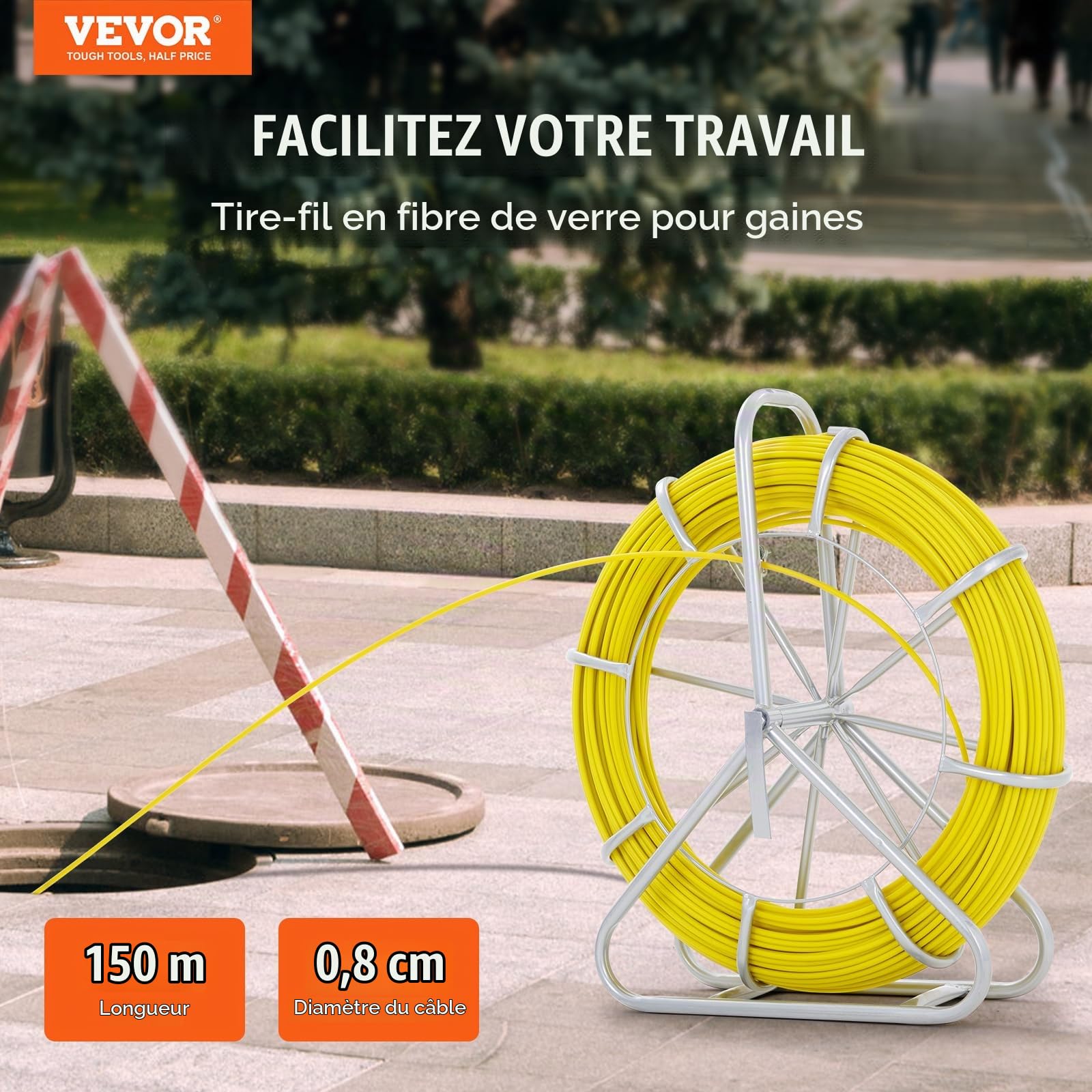 VEVOR Ruban à Poisson en Fibre de Verre 150 m 7,9 mm Aiguille Électricien de Tirage Fil Câble Électrique Extracteur Bobine de Conduit Support Acier 2 Têtes de Tirage pour Mur Conduit Non Conducteur