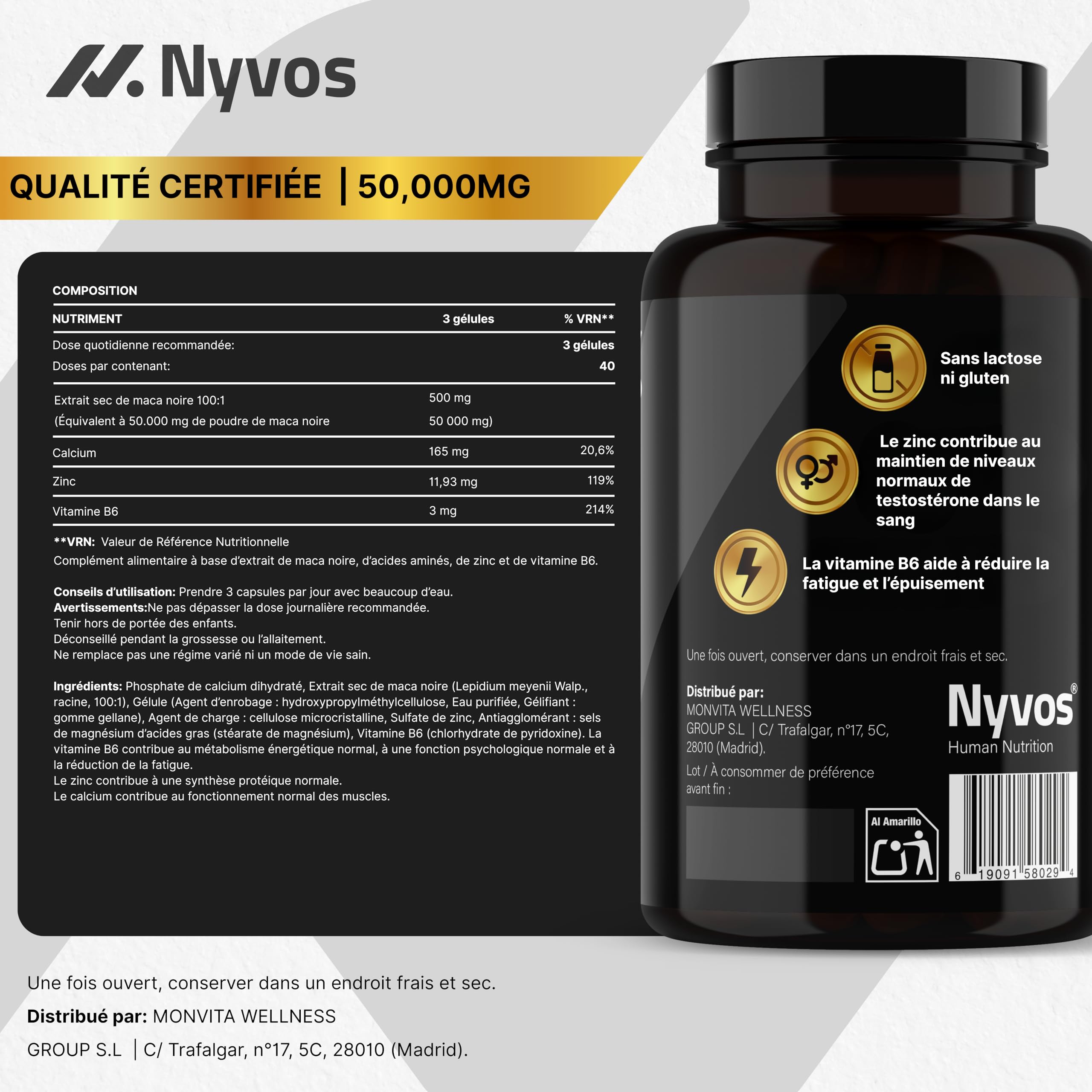 Maca Noire Ultra 50.000 mg – Ultra Concentré 100:1 avec Zinc, Vitamine B6 & Calcium – 120 Gélules Véganes pour Énergie Nocturne, Vitalité Masculine & Testostérone Naturelle – Produit Européen – Nyvos