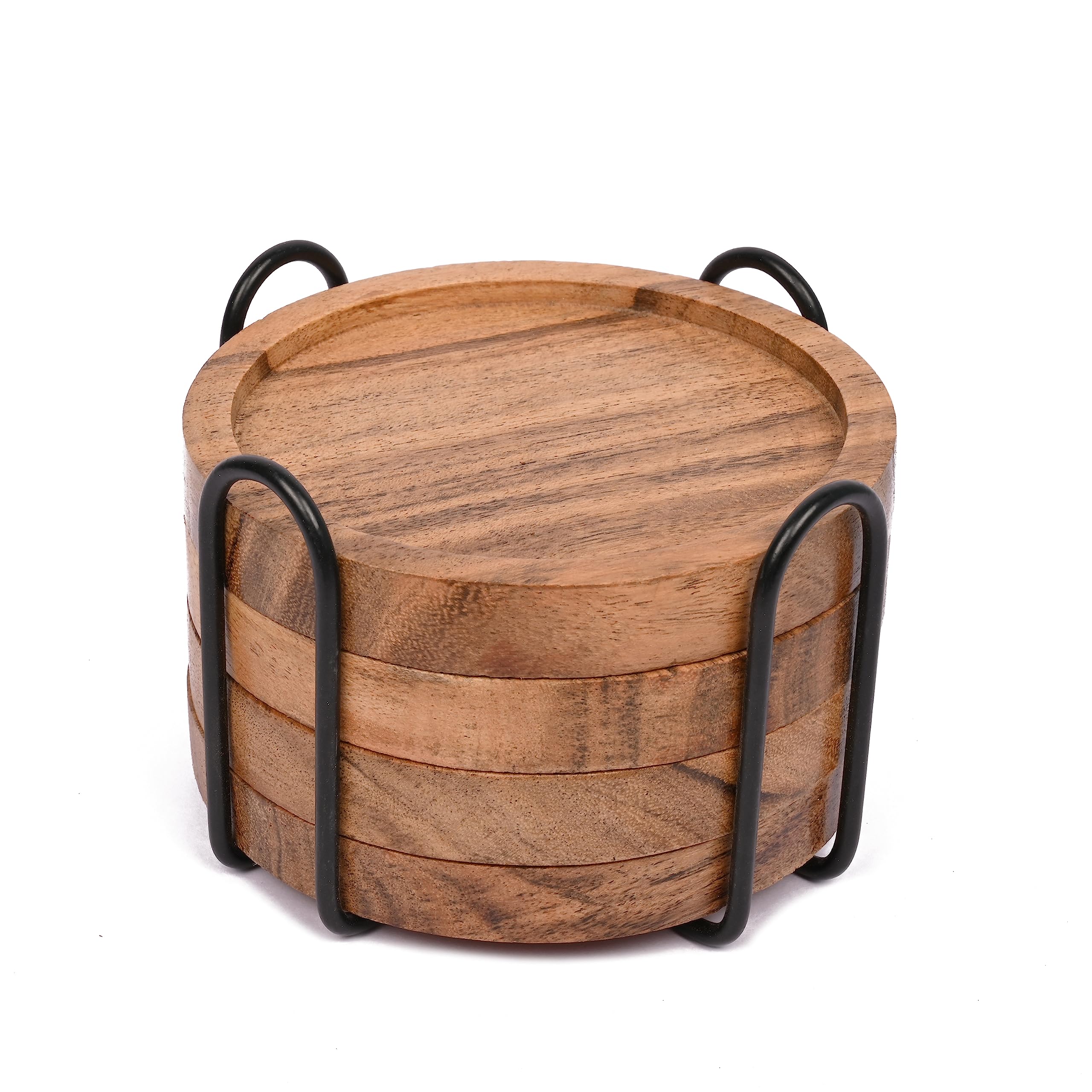 EDHASEDHAS Acacia Wood Round Coasters Set of 4 with Iron Holder for Drinks, Tabletop Protection for Any Table Type for Bar Kitchen Home Apartment (4 x 4 x 0.5)