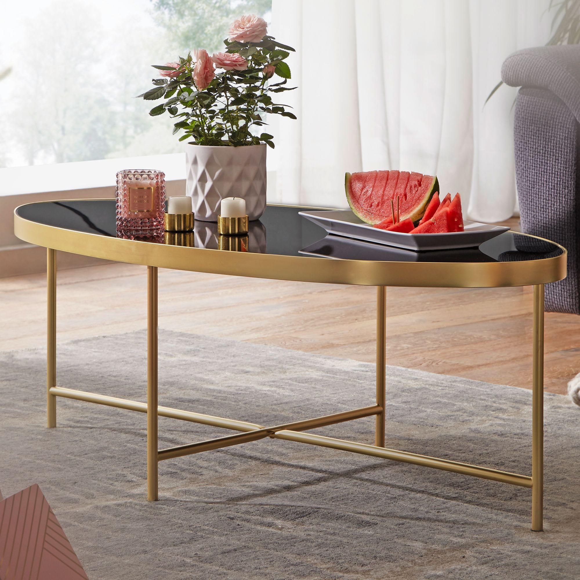 FineBuy Couchtisch Oval 110x56x40 cm Glas Schwarz mit Goldgestell