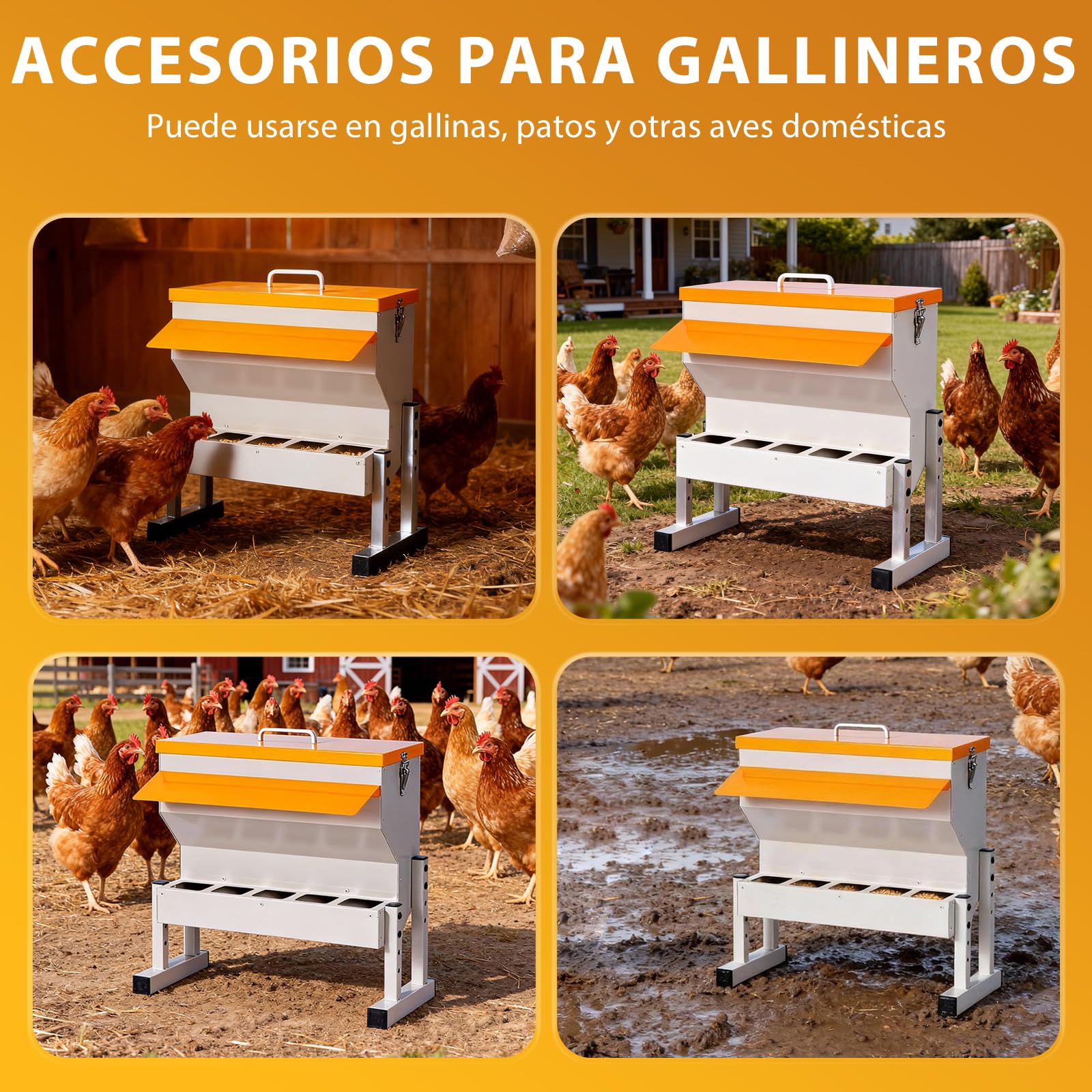 Comedero Automático de Gallinas de Metal de 16 L con Patas, Colgante, Firme | Distribuidor Automático de Alimento para Pollos, Aves de Corral y Patos, 5 Tazones de Pollo, Fácil de Montar y Limpiar