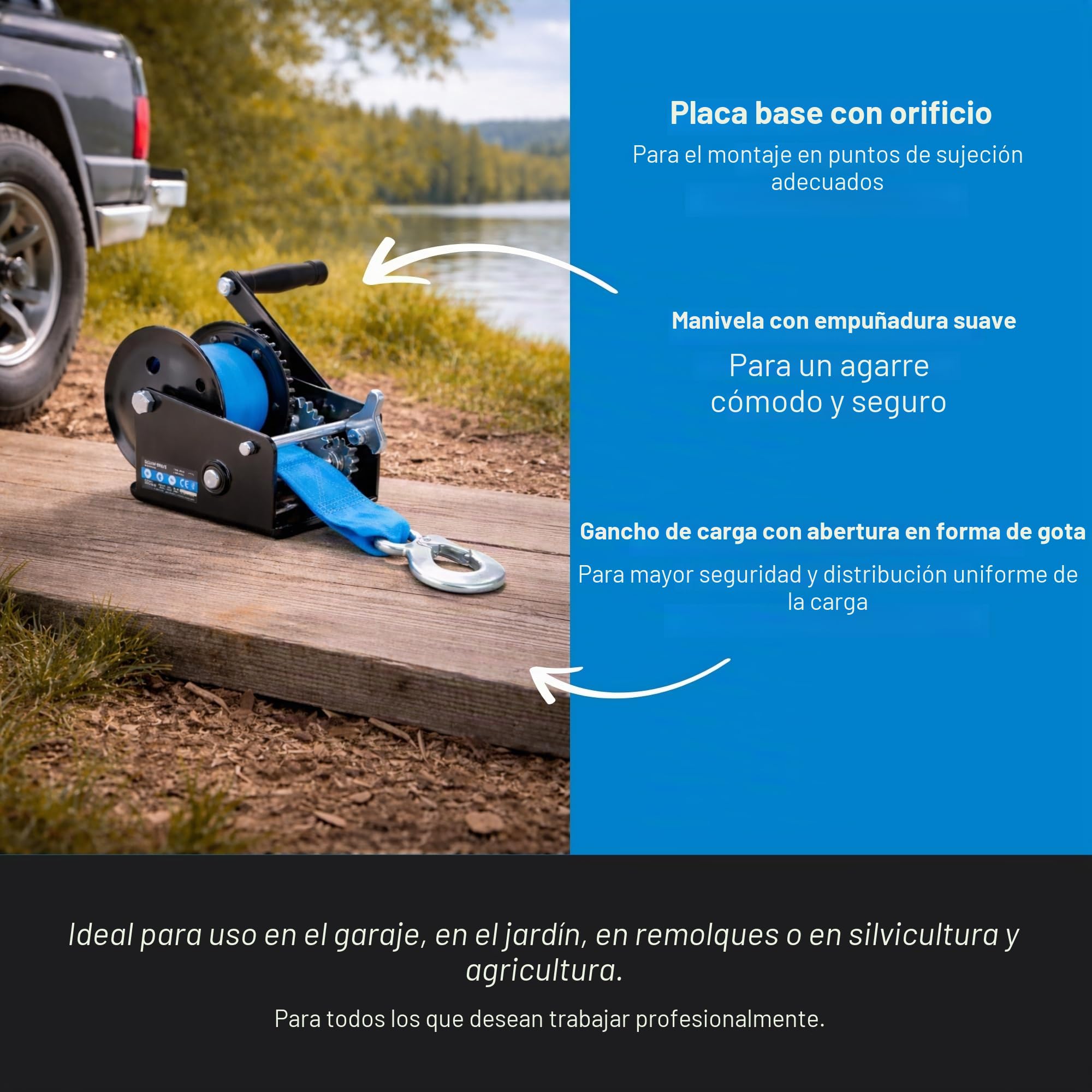 Güde Cabrestante GGHW 900/8 (900 kg de fuerza de tracción, 8 m de longitud de la correa, 5 cm de ancho de la correa, gancho de carga con apertura de gota, palanca de bloqueo, manivela con mango suave,
