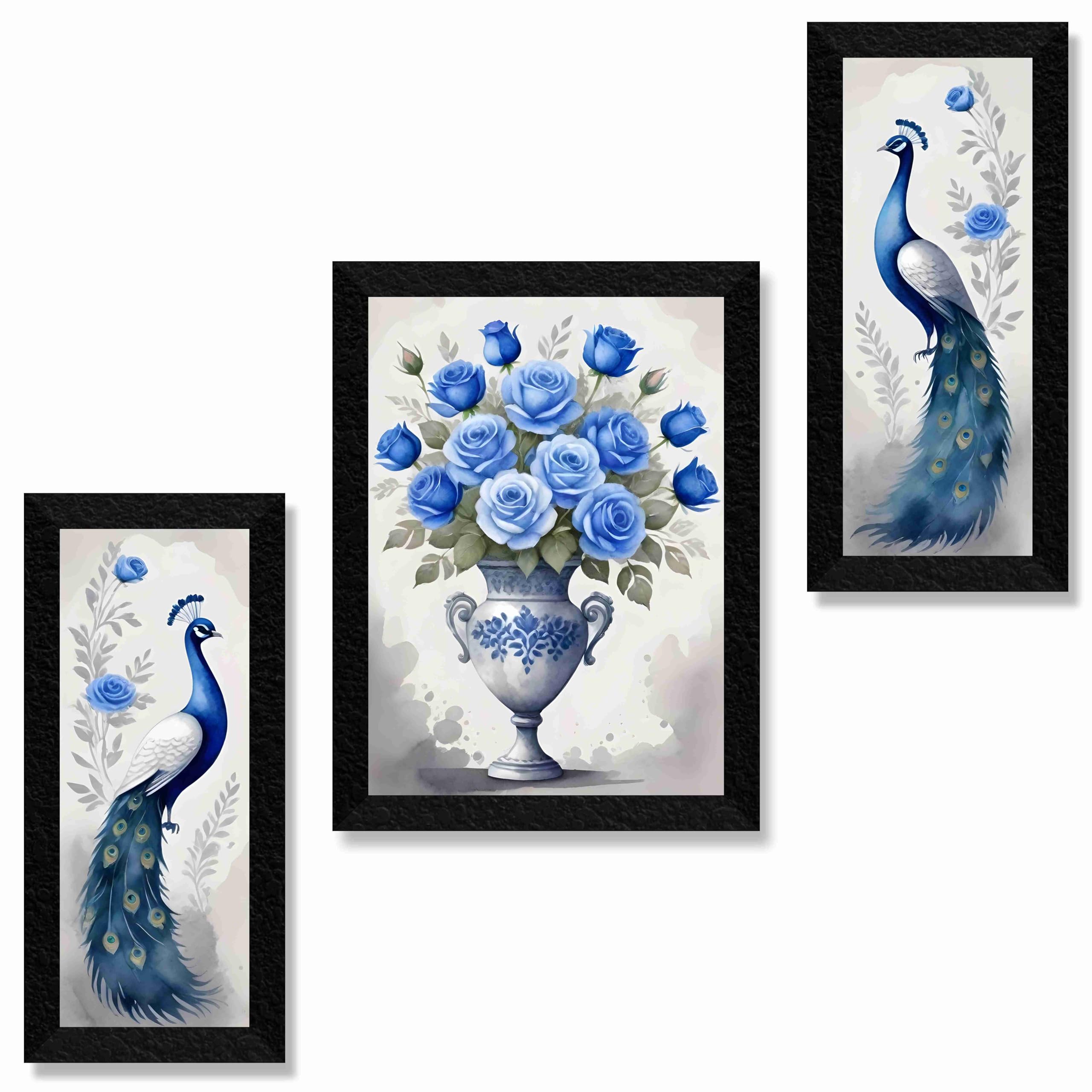 SAF flower with couple peacock Paintings for Wall Decoration - Set Of 3, 3d Painting for Living Room Large Size with Frames for Home Decoration, Hotel, Office painting 61 cm x 36 cm S36045
