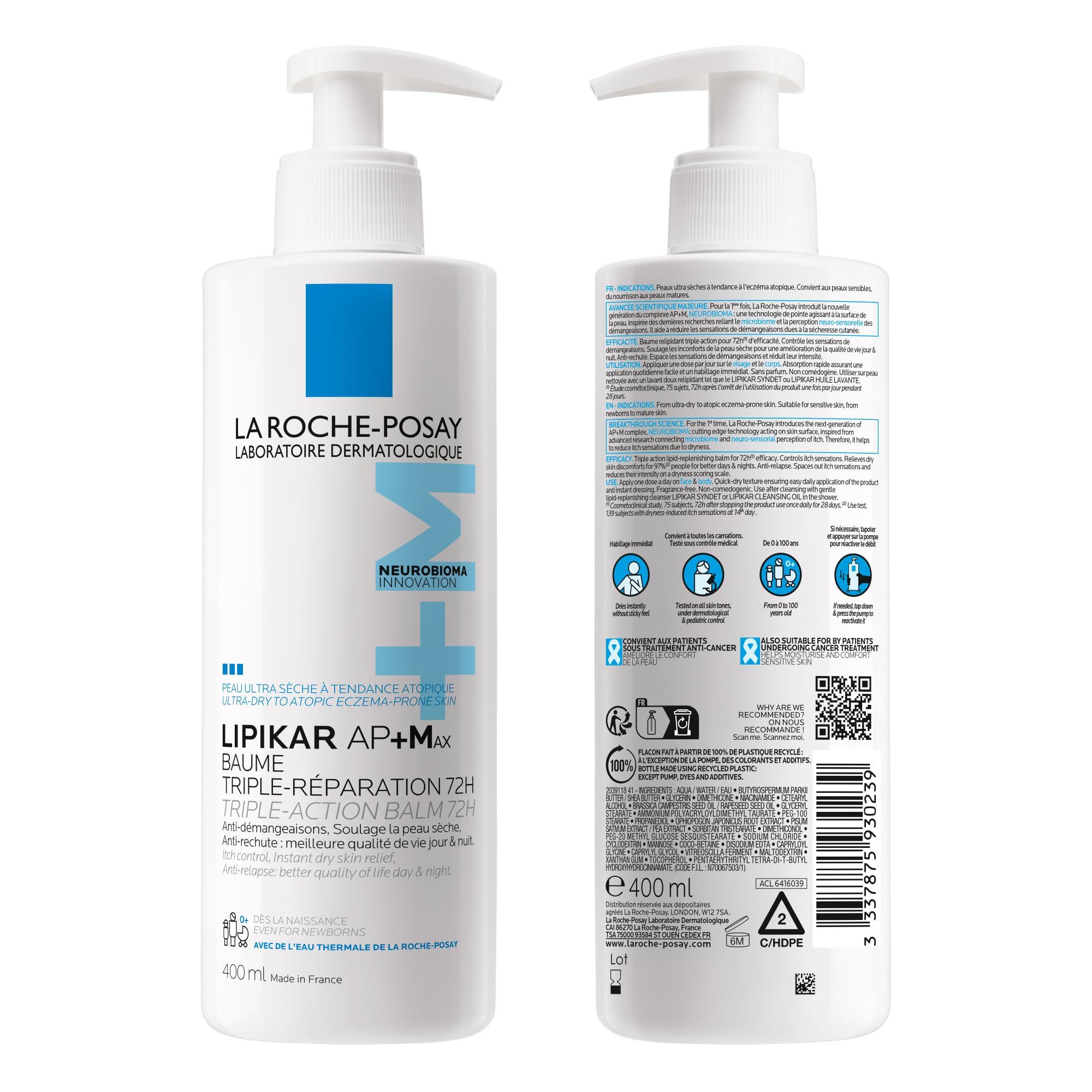 La Roche-Posay | Lipikar Baume AP+M Bálsamo Relipidante | Triple reparación | Antipicor, anti-recidiva, alivia de inmediato | Rostro y cuerpo | Pieles secas, muy secas y atópicas | Pack de 2x400ml
