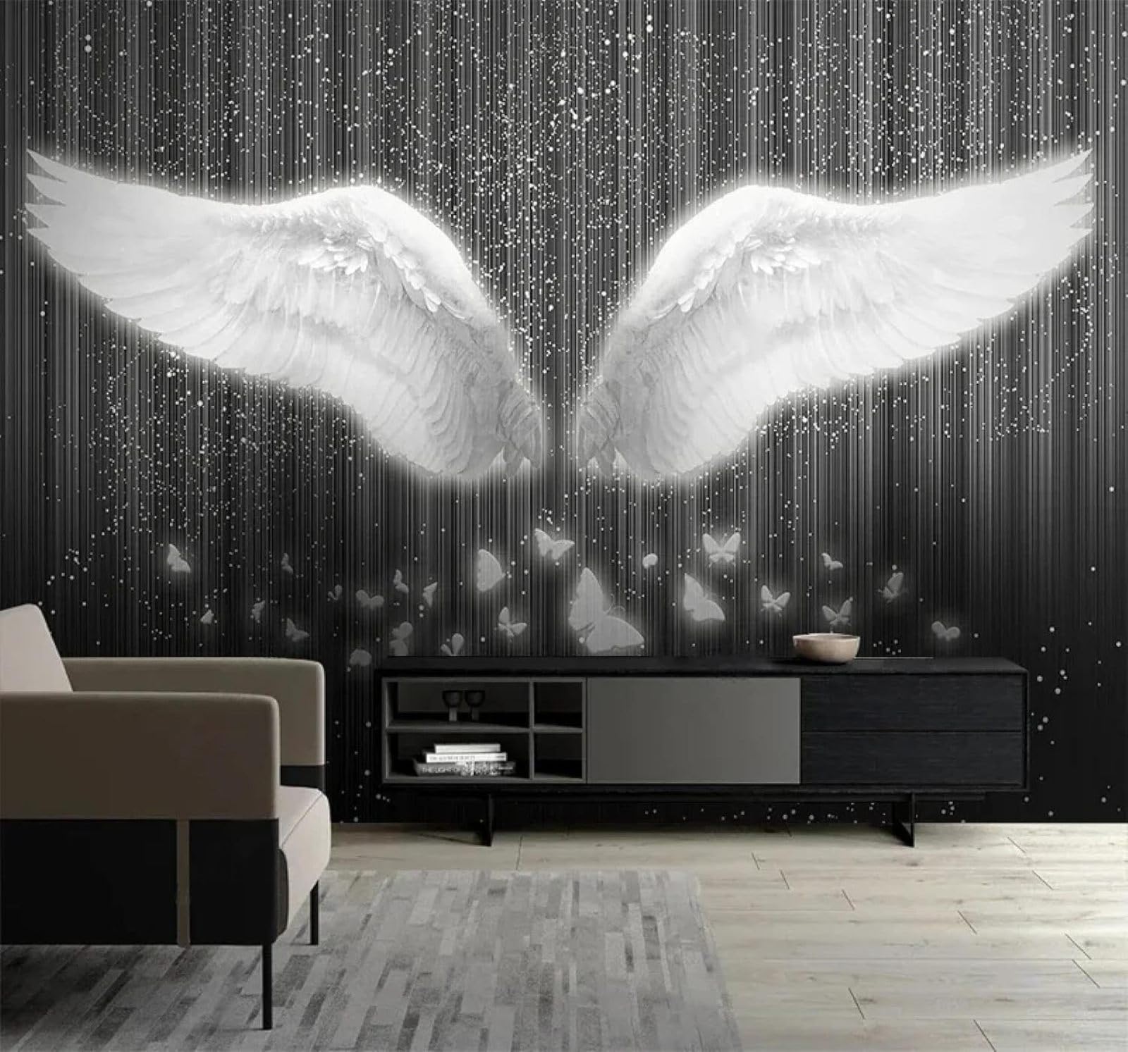 Papier peint 3D ailes blanches papillon en soie texturée haut de gamme pour salon 300x210cm