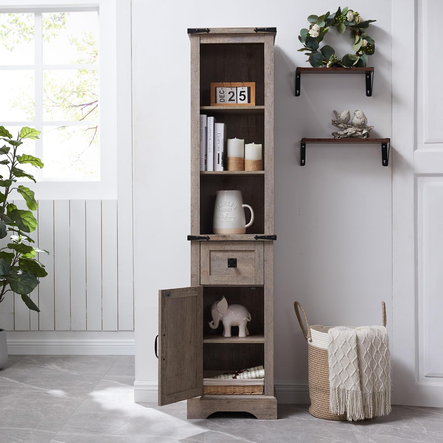 RedLemon Farmhouse Slim Bathroom Storage Cabinet, 68" Tall with Drawer & Adjustable Shelves, Rustic Narrow Storage Cabinet for Living Room, Bathroom, Kitchen, Light Rustic Oak