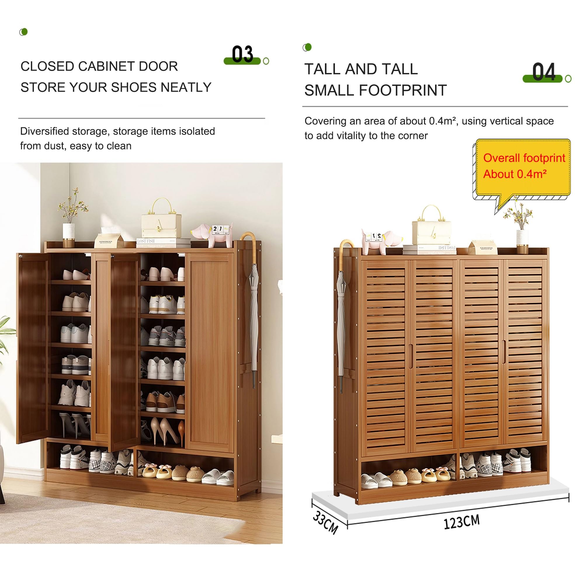 HASMI Gabinete de Zapatos de Bambú para Entrada con Puertas de Obturador, Estante de Zapato Independiente de Madera Gran Capacidad/a/95 * 33 * 115Cm