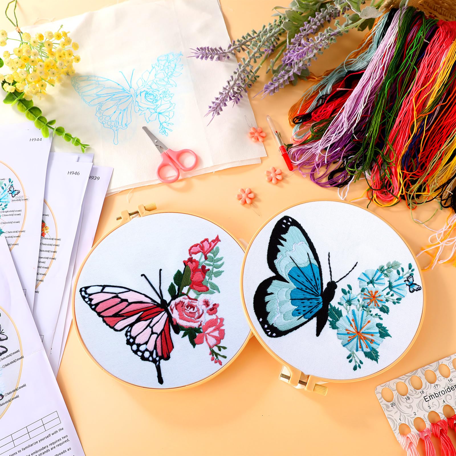 Riceshoot 8 Set Butterfly Floral Embroidery Kit for Beginner Adults Cross Kit with Pattern Instruction, Embroidery Cloth and Hoops, Thread, Needle, Needle Threader, Thread Remover, Scissors
