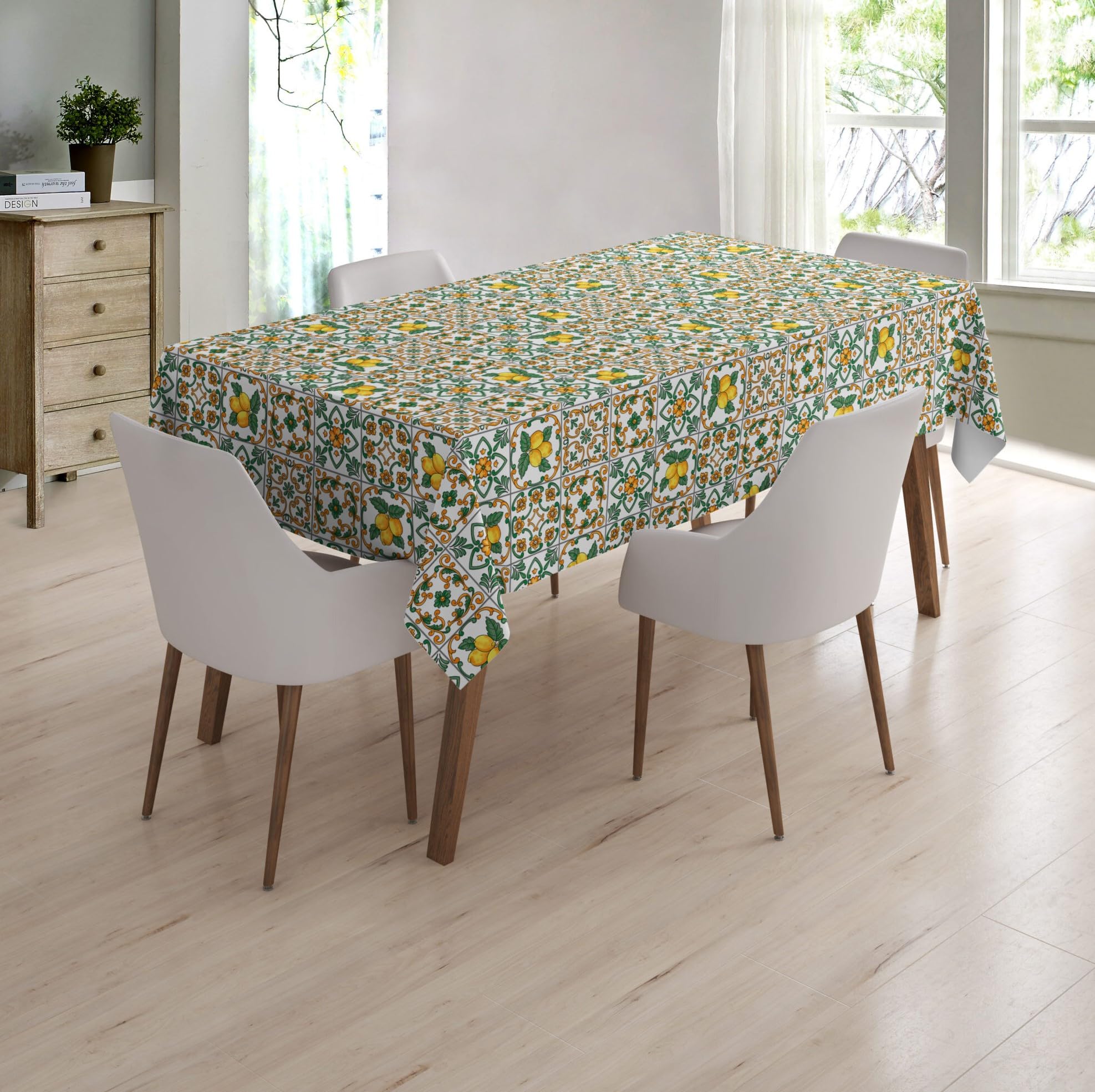 Snugglemore Spanish Tile Lemon/Green PVC Tablecloth Outdoor, Garden, Kitchen Available in 4 Sizes Wipe Clean (137cm x 183cm)