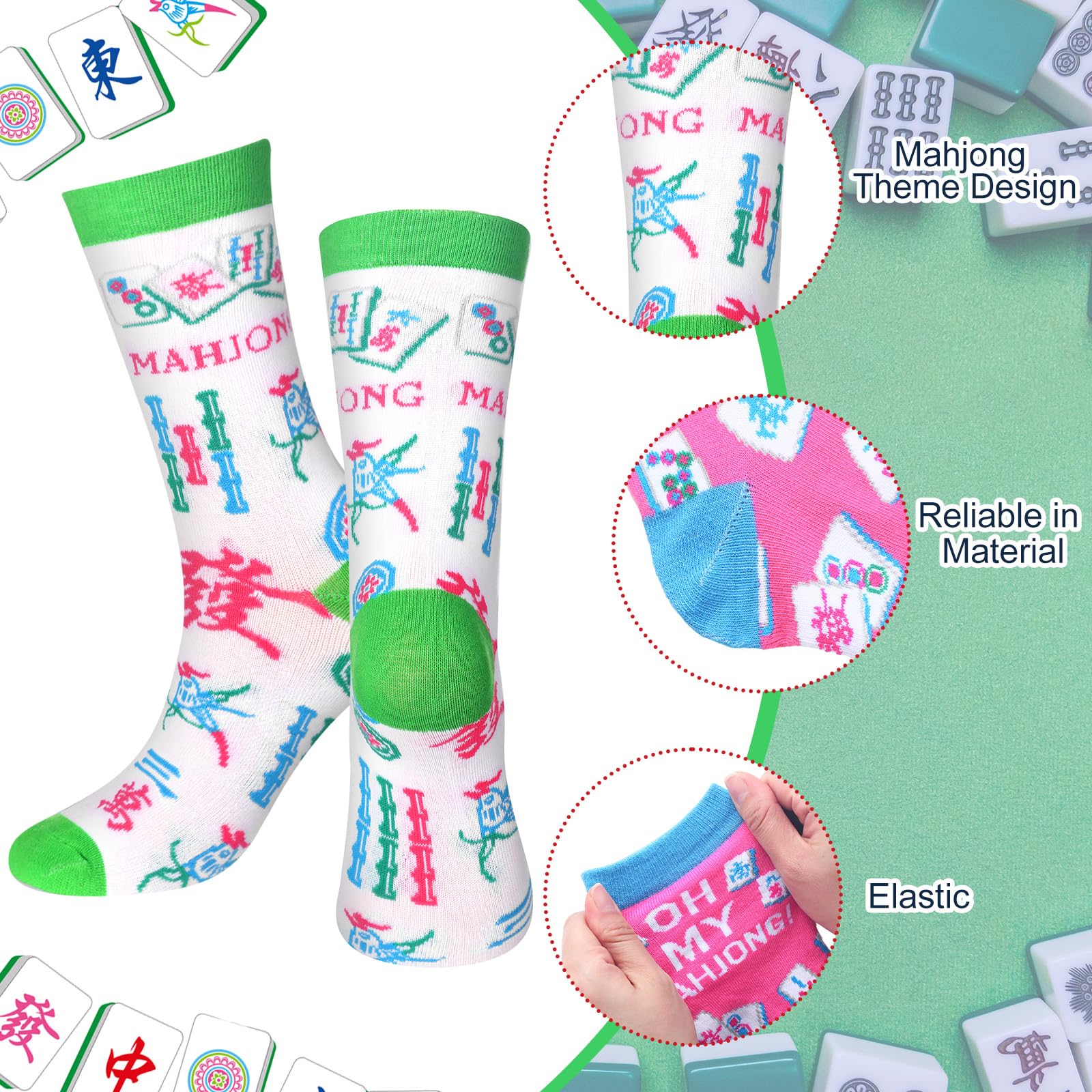Shihanee 16/12 /8 Pair of Mahjong Socks for Women Funny Mah Jong Themed Socks with Classic Patterns Gifts for Mahjong Lovers