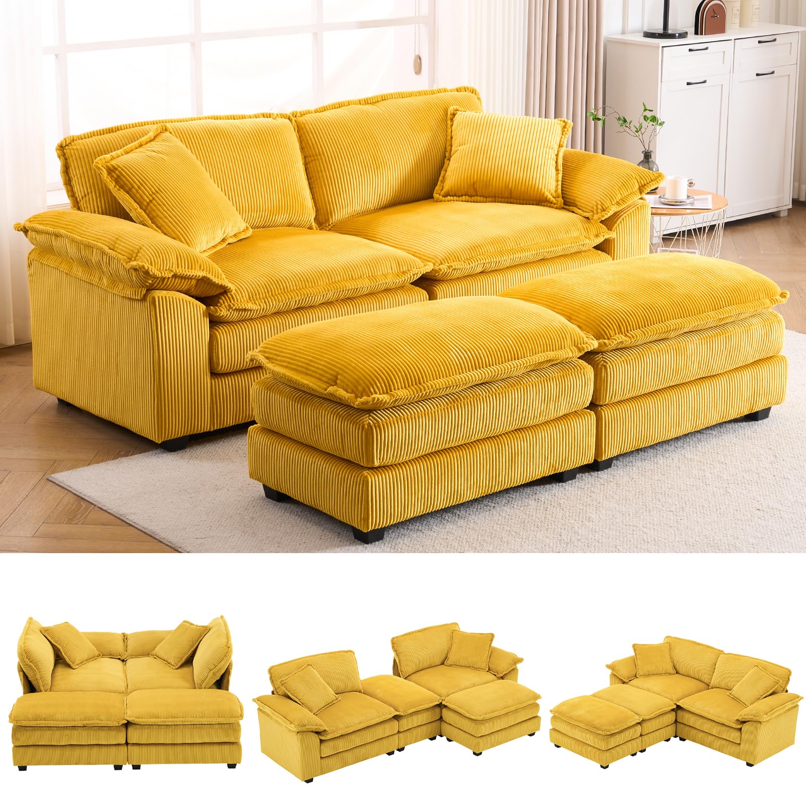 84.6” Corduroy Loveseat with Ottoman, Oversized Double Chaise Lounge Chair Indoor Deep Seat Two Seater Couch Cloud Couch Modular Sectional Sofa for