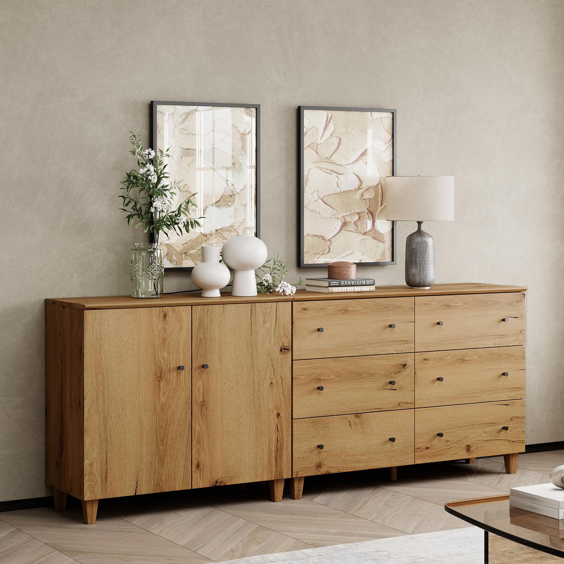 WAMPAT TV Stand Cabinets for 85+ Inches TVs, 2-in-1 Wood Media Console Table with 2 Doors and 6 Drawers, Modern Highboy Entertainment Center with