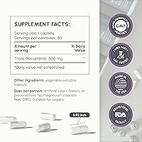 Vista 3 de High Purity Trans Resveratrol Supplement 500mg - Each Capsule Exceeds 98% Purity - 3rd Party Tested - Vegan - Sirtuin Activating and Cell Protecting