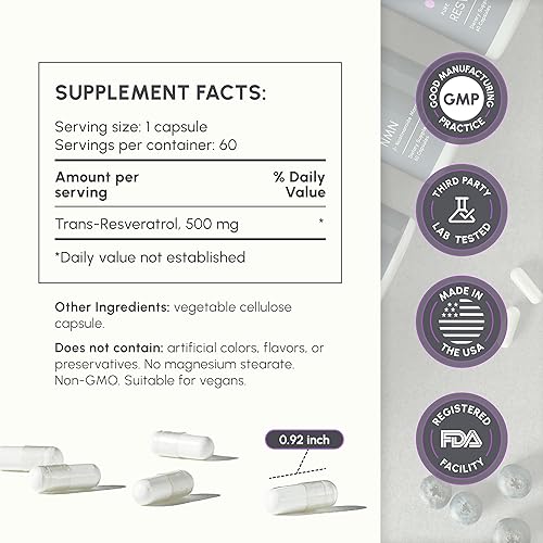 Miniatura 3 de Suplemento de resveratrol trans de alta pureza de 500 mg - Cada cápsula supera el 98% de pureza - Probado por terceros - Vegano - Suplemento