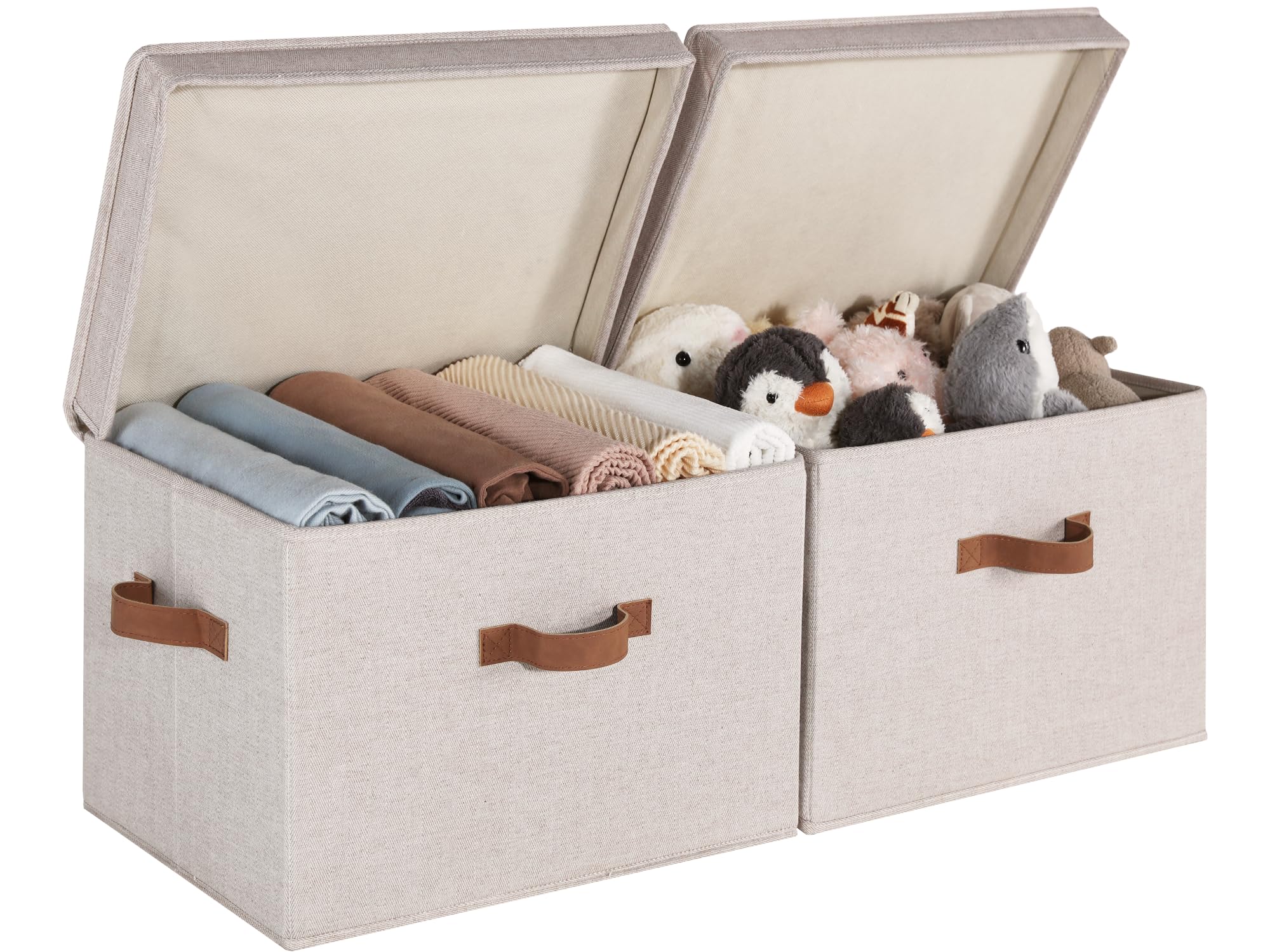 StorageWorks Scatole con coperchio, contenitori large per scaffali, cesti decorativi in tessuto con manici per organizzare vestiti e armadi 43 x 32 x 29 cm, marrone, confezione da 2