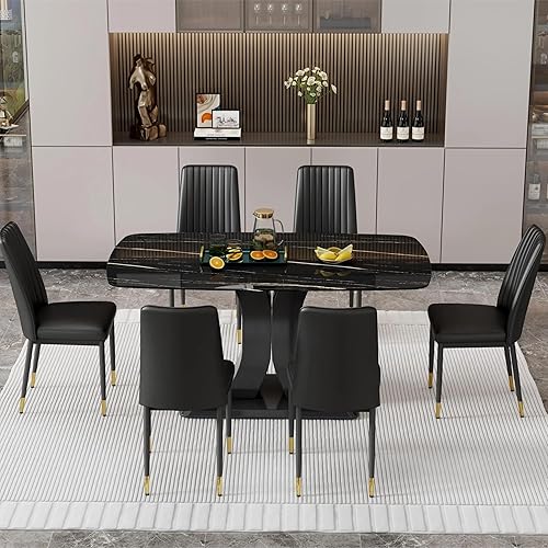 Miniatura 7 de Juego de mesa de comedor moderno para 6, sillas de cocina de mármol para 6, mesa de cocina rectangular con 6 sillas tapizadas de piel sintética para