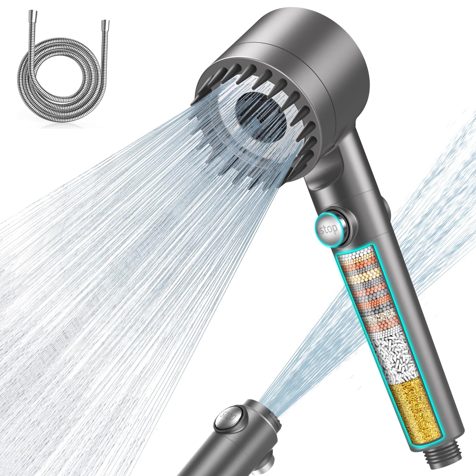MEKO Duschkopf mit Filter in 15 Schichten, Hochdruck Handbrause mit 1,5 M Schlauch, 3+1 Strahlarten, Shower Head für Entfernen vom harten Wasser, Rest-Chlor, Bakterien und Schwermetall, Grau