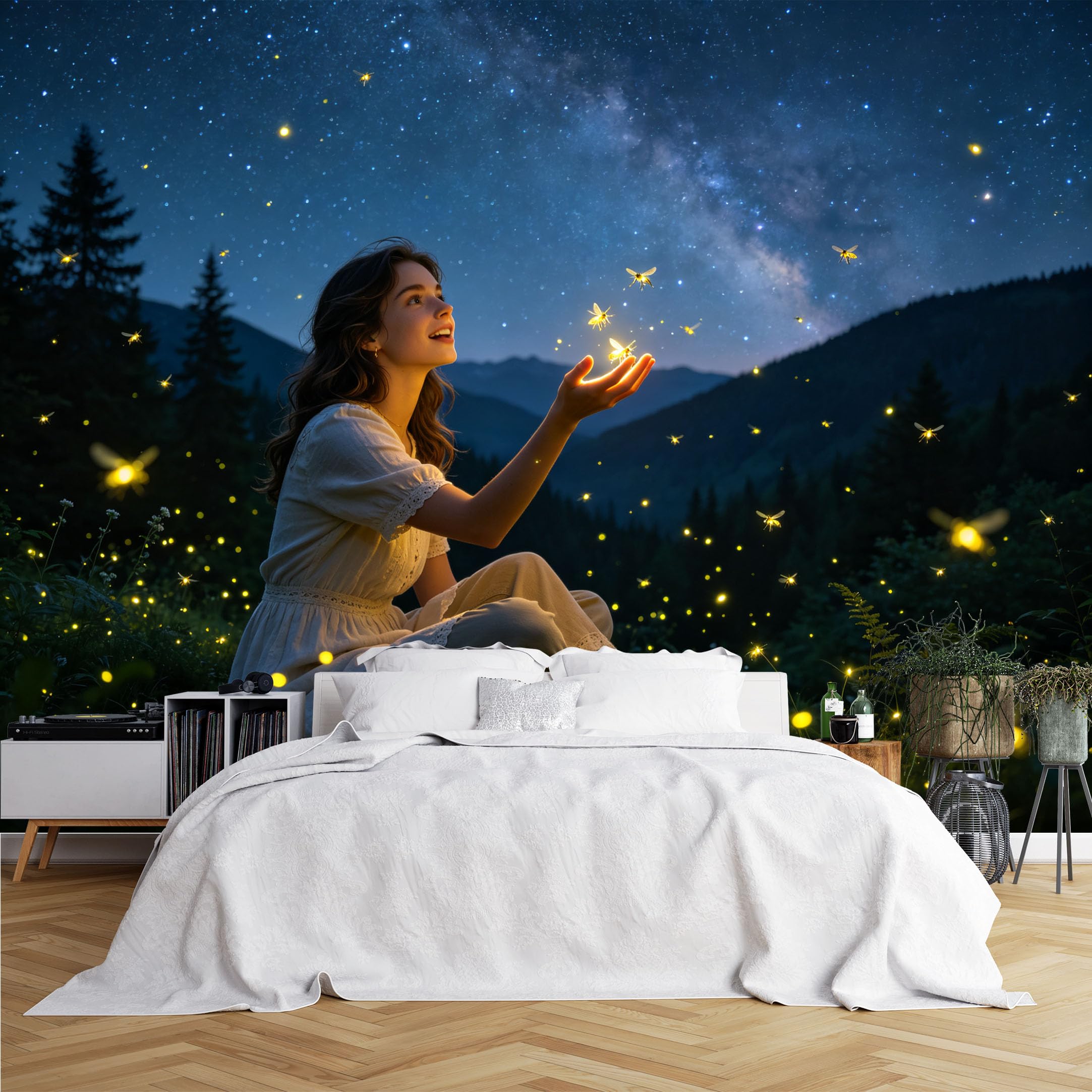 Lcythiazole Girls Ch260615002 Custom Size Wall Murals Catching Glowing Fireflies Wall Murals Starry Mountain Night View Wallpaper Wall Stickers Self-Adhesive Removable Wallpaper For Bedroom
