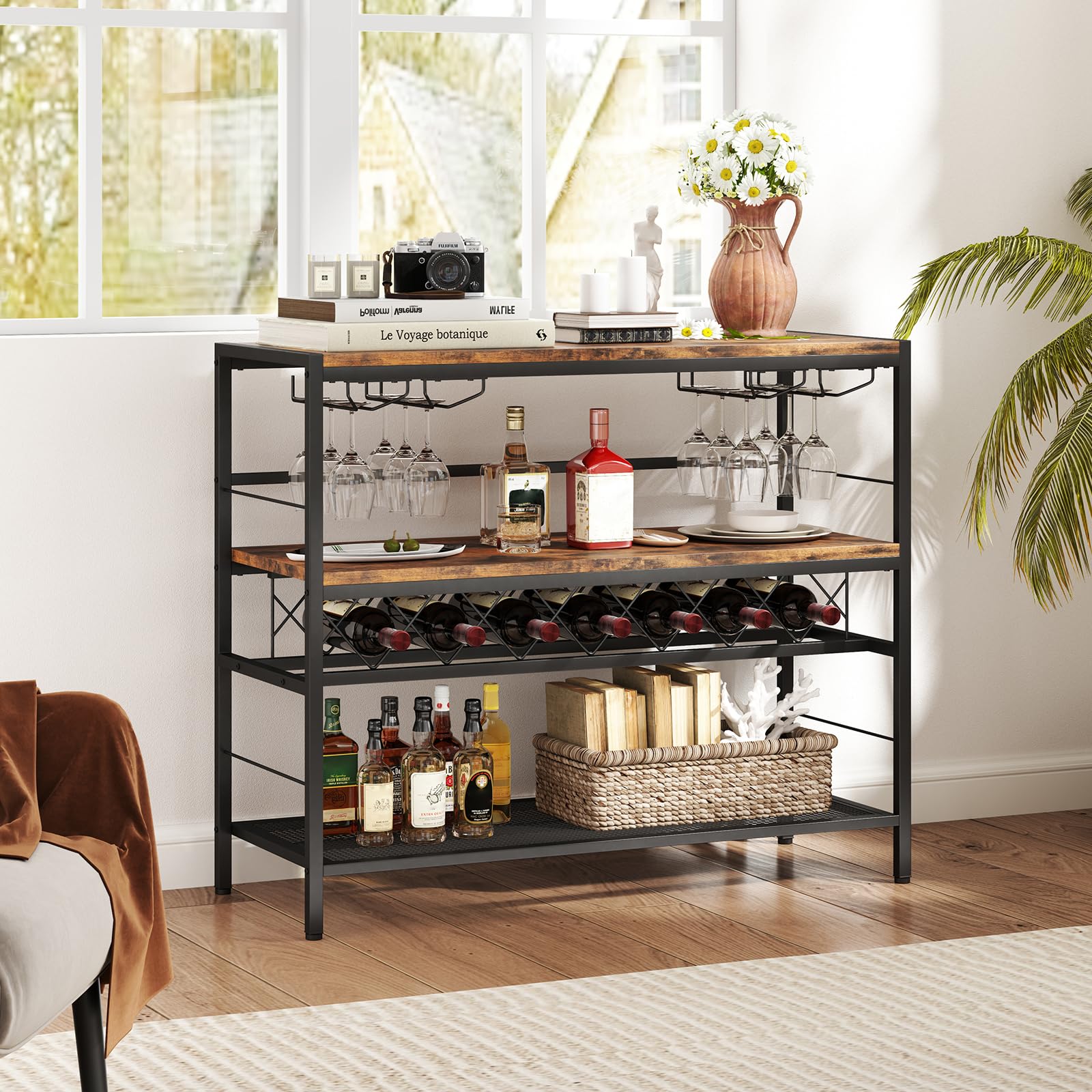 RELAX4LIFE Portabottiglie da Vino da 104 CM, Tavolo Bar per Vino con 4 Supporti per Bicchieri, Piano di Lavoro Ampio, Ripiani di Stoccaggio, Supporto per Bottiglie da Vino per Cucina, Soggiorno