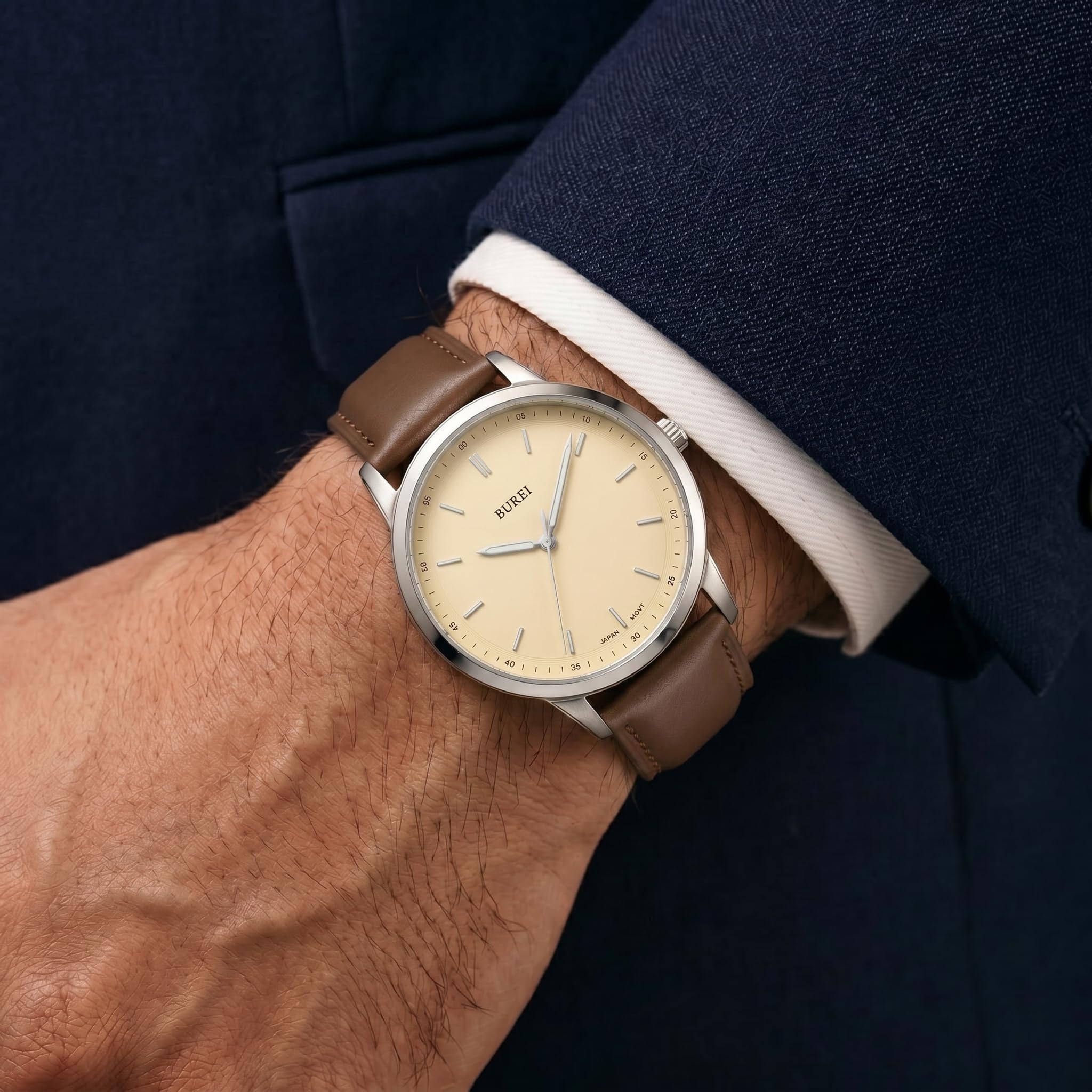 BUREI Relojes de hombre de moda minimalistas relojes de pulsera para hombre de cuero marrón reloj analógico con caja delgada Relojes para hombre (blanco crema y marrón)
