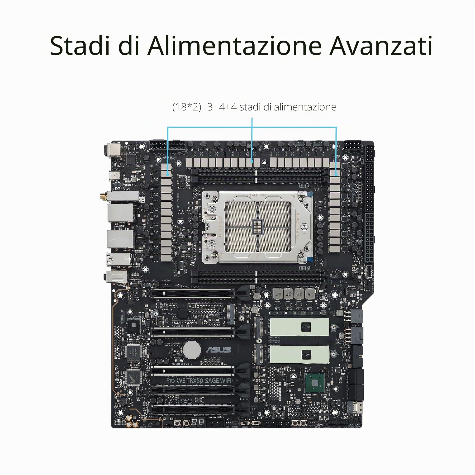 ASUS PRO WS TRX50-SAGE WIFI A, Scheda Madre Workstation AMD, Slot DDR5 Nera | Socket AMD sTR5 per CPU a 96 Core, 36 Stadi di Alimentazione, ECC R-DIMM, Tre Slot M.2, Tre slot PCIe 5.0, USB-C 20 Gbps