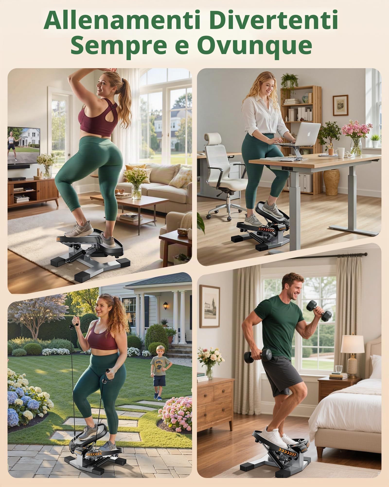 Sportsroyals Stepper Fitness 3in1 | Mini Stepper Fitness Casa con Bande di Resistenza + Monitor LCD, 150 kg