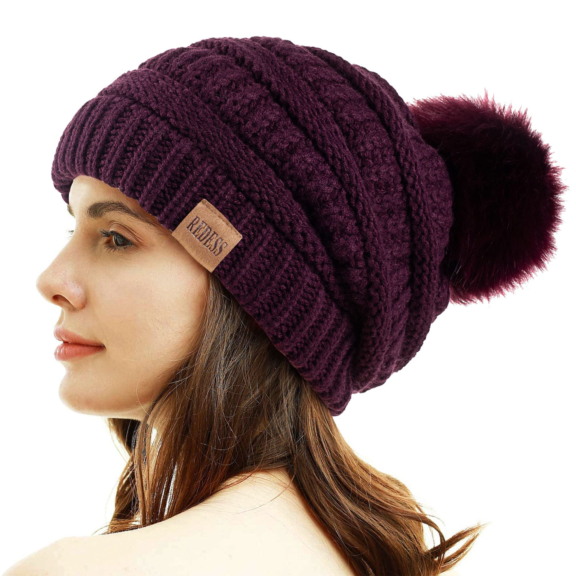 REDESS Women Winter Pom Pom Beanie Hat with Warm Fleece Lined, Thick Slouchy Snow Knit Chunky Baggy Skull Ski Cap