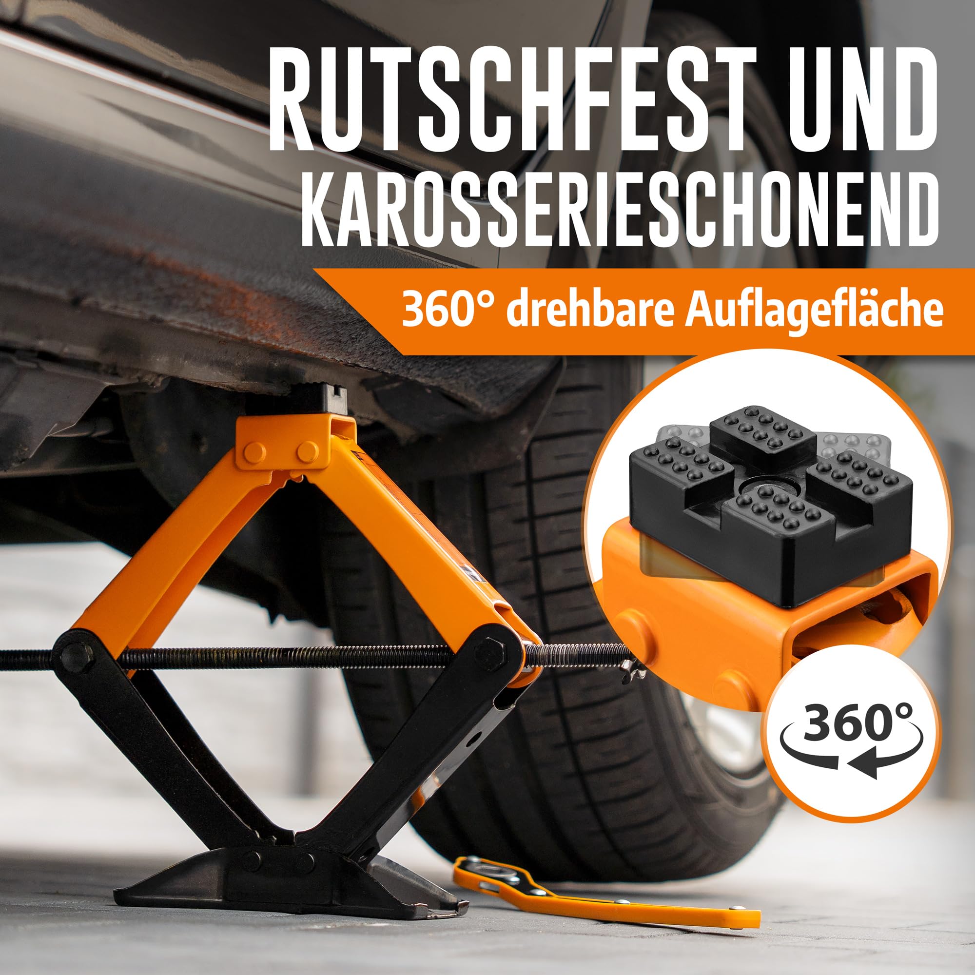 Wagenheber Scherenwagenheber 2t inkl. Ratsche. 360° schützende drehbare Auflagefläche | geeignet für alle PKW inkl. SUV (Basic)