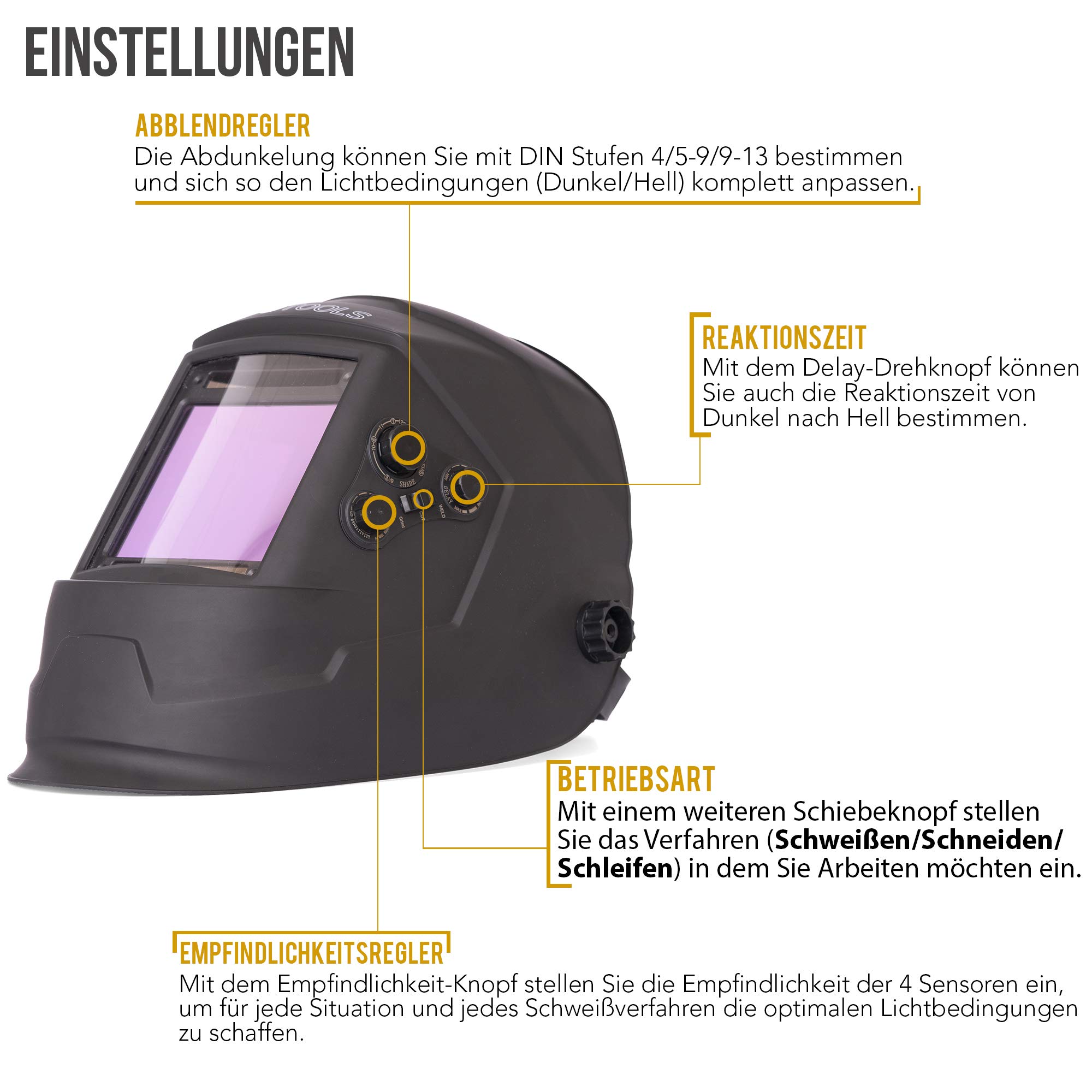 Automatik Schweißhelm IPOTOOLS LY800H – Schweißerhelm mit True-Colour, XXL Sichtfeld (100 × 93mm), optische Klasse 1/1/1/1, 4 hochwertige Sensoren Volleinstellbar mit Schutzstufen DIN 4/5-9/9-13