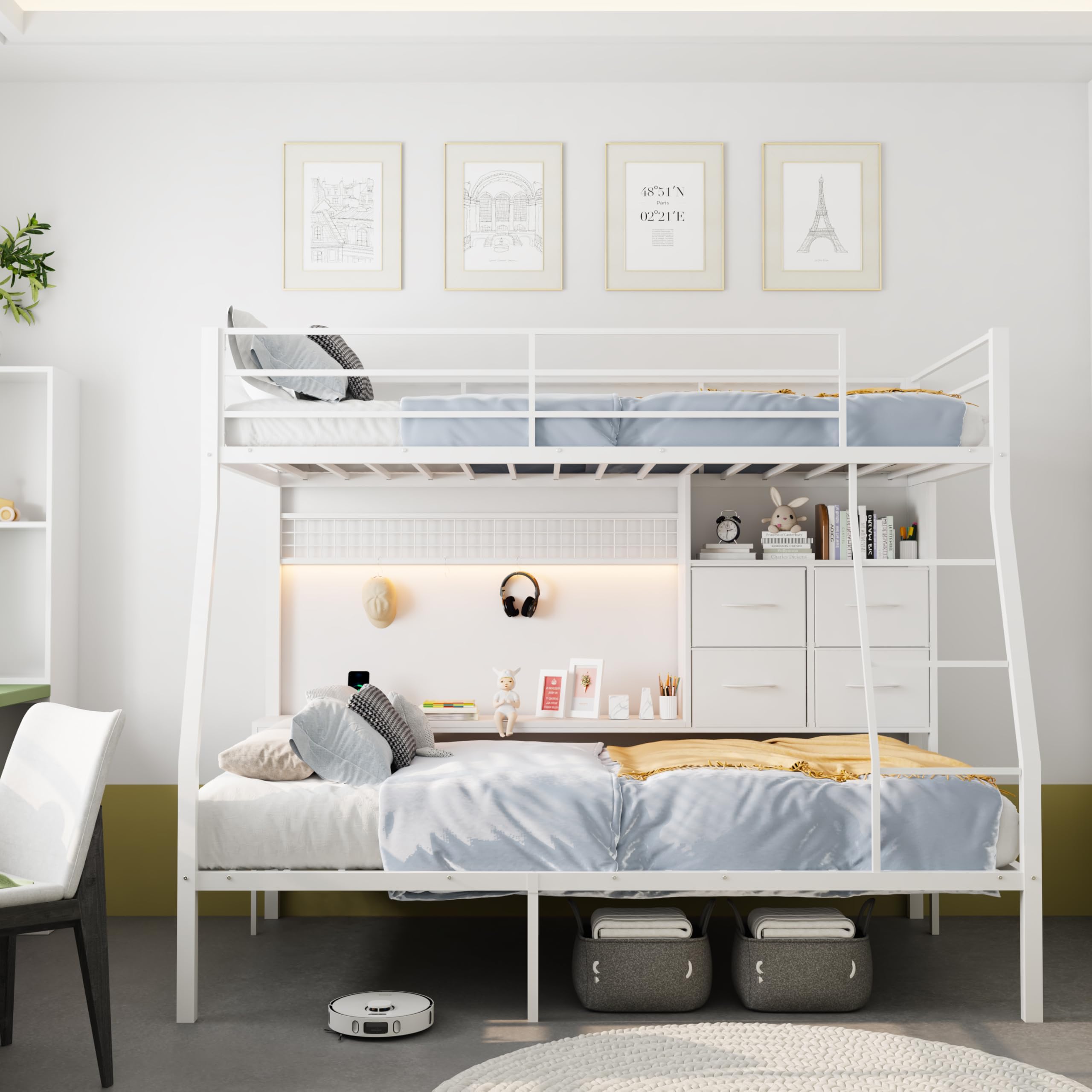 XINBEDEU 3FT Single Bunk Bed with Storage Drawers, Twin Over Twin Size Shelves & Bedside Caddy | Metal Bunk Beds with LED Lights, USB Charging Station, Angled Ladder & Safety Guardrails (WH, Twin)