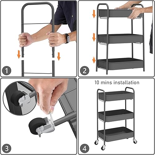 Miniatura 3 de CAXXA Organizador de almacenamiento de metal rodante de 3 niveles, carrito móvil con ruedas giratorias, gris